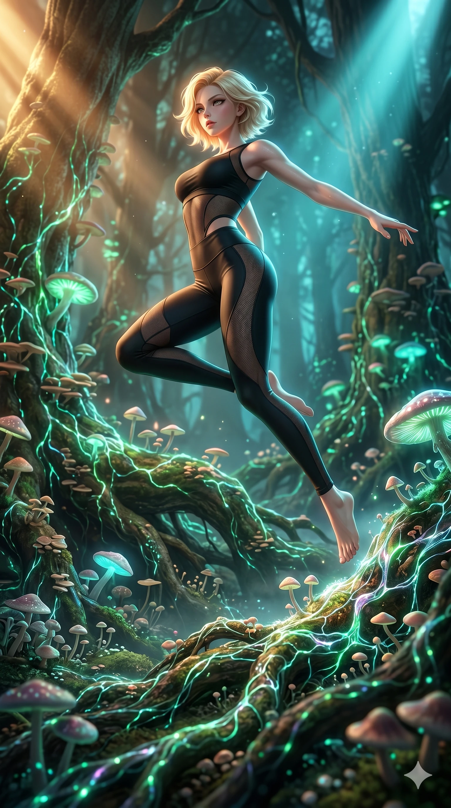 score_9, masterpiece, best quality, ultra-detailed, high-budget anime keyframe, Japanese woman. low angle full-body shot filling the entire 9:16 frame with her statuesque presence, stretching the vertical silhouette. jumping amidst giant ancient tree roots wrapped in trillions of glowing mycelium threads pulsing with emerald and opal light. She has an absolutely perfect 8-heads proportion, an exceptionally tall and slender female figure with impossibly long slender legs and an ultra-slim waist. V-shaped jawline, high-bridge nose, intricate jewel-like eyes with depth, thick eyelashes, glossy lips with a natural sheen.. wearing a sheer mesh athleisure set, featuring a tight matte black top and leggings with semi-opaque mesh panels tracing the curves of her waist and thighs. showcasing a beautiful play of light and shadow, with warm golden rays clashing against cool cyan highlights. 2k, ultra detail, master piece, 9:16 ratio