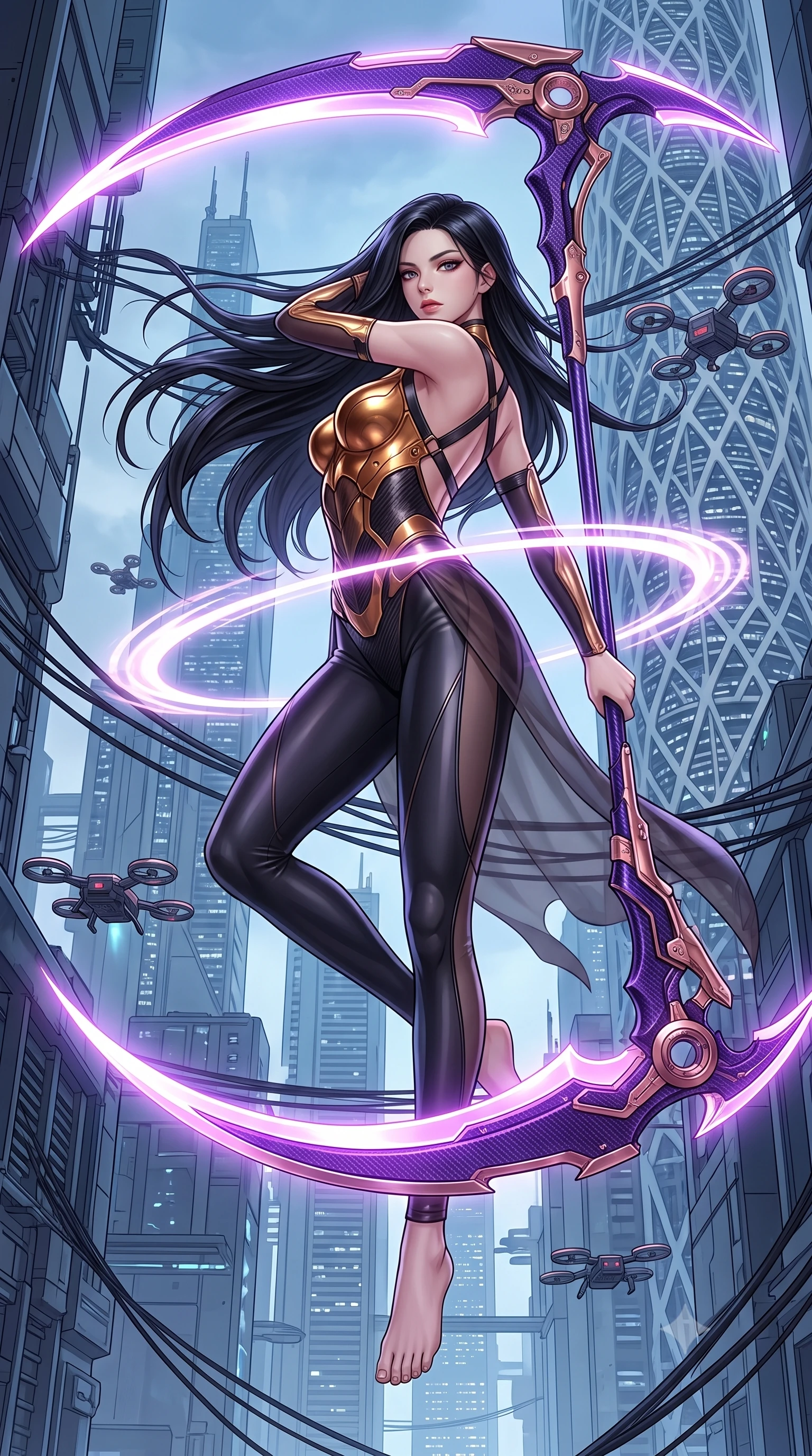 score_9, masterpiece, best quality, ultra-detailed, high-budget anime keyframe, semi-realistic 3D game render, editorial fashion photography, tasteful artistic composition, Korean woman. low angle full-body shot from head to toe showing her feet, filling the entire 9:16 vertical frame with her statuesque presence, stretching her vertical silhouette. performing an alluring mid-air combat landing with flawless poise, looking directly into the camera with regal, deadly intensity while spinning gracefully in a high-speed combat turn as twin blade energy trails create glowing light rings around her waist. The surrounding environment is rendered in vivid detail and crisp panoramic clarity. intricate hilt power cables, hovering traffic drones, and skyscraper facade lattices in high clarity. She has an absolutely perfect, statuesque 8.5-heads proportion, an exceptionally tall and slender model-like female figure with impossibly long slender legs, a toned flat midriff, and an ultra-slim waist. sharp v-shaped jawline, high-bridge nose, intricate jewel-like eyes with depth, thick eyelashes, glossy lips with a natural sheen, flawlessly proportioned anatomical accuracy, strict slender model proportions, natural body alignment, perfectly sculpted long slender limbs, ultra-slim waistline, clean dynamic posture without body distortion. wearing a sculpted molten-gold and dark carbon cuirass paired with high-mobility combat leggings and sheer side drapes, wielding a glowing plasma energy scythe with fluid grace in royal purple carbon fiber with rose-gold hardware and clasps, made of lightweight aerodynamic carbon-titanium alloy with polished edge bevels, complemented by criss-cross back harness straps highlighting her completely bare spine, the sleek second-skin cut tightly hugging her graceful clavicle, narrow waist, and feminine curves with athletic precision. surrounded by a fast, fierce, and intoxicatingly seductive cyber-assassin muse aura. rich saturated anime colors with glowing neon highlights, detailed shading with soft gradients, rich glossy textures, high-contrast stereoscopic depth, volumetric dynamic lighting, master piece, 9:16 ratio