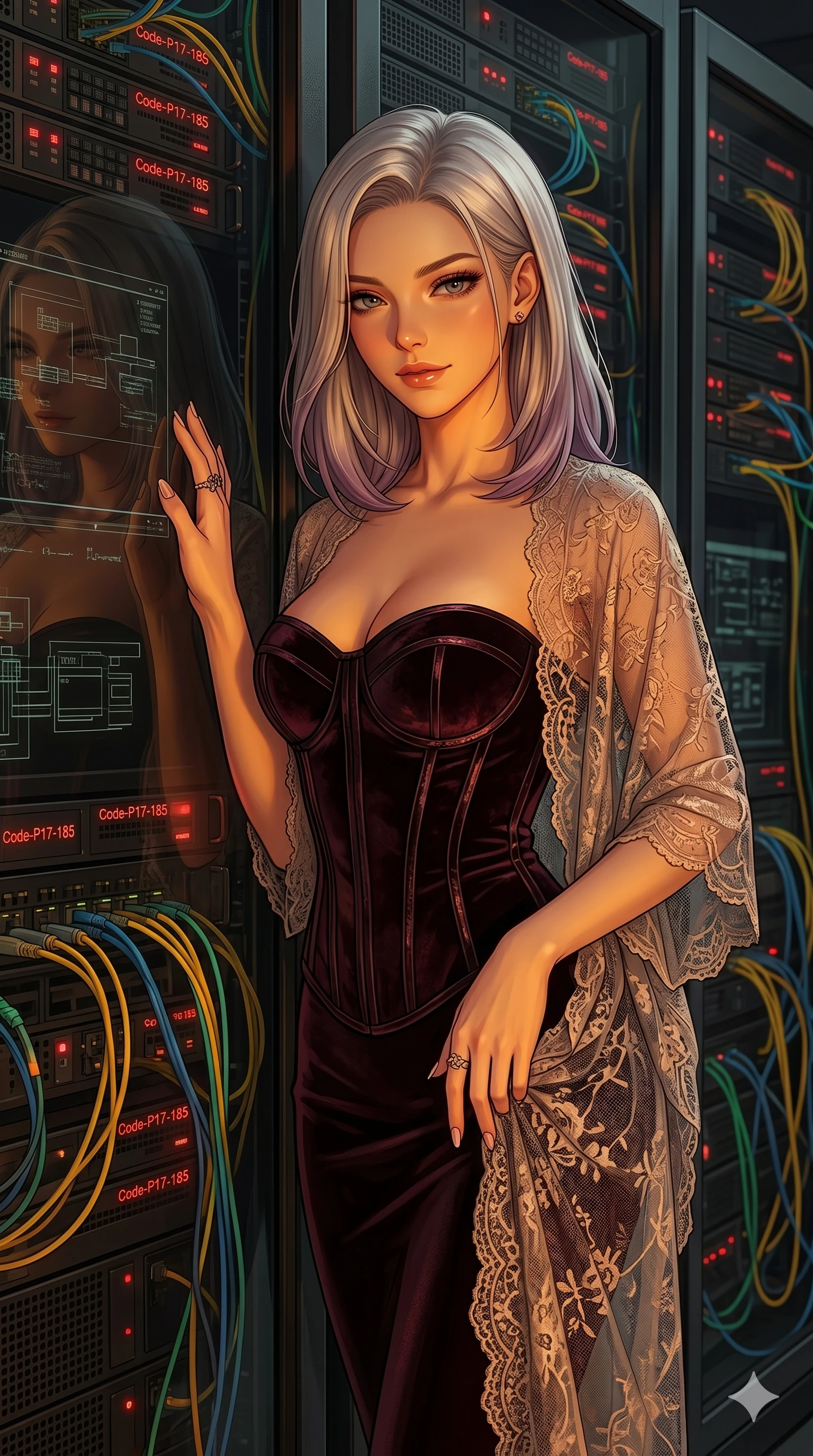 score_9, masterpiece, best quality, ultra-detailed, high-budget anime keyframe, editorial fashion photography, tasteful artistic composition, Caucasian woman, strictly human ears. cowboy shot from the thighs up, character and outfit filling the frame for maximum editorial presence. leaning against the glass window, looking directly into the lens with a sultry half-smile inside a digital server mainframe with fiber cables (Code-P17-185). She has an absolutely perfect 8-heads proportion, an exceptionally tall and slender female figure with impossibly long slender legs and an ultra-slim waist. V-shaped jawline, high-bridge nose, intricate jewel-like eyes with depth, thick eyelashes, glossy lips with a natural sheen. wearing a dark velvet corset combined with a sheer lace shawl. warm amber firelight casting dancing shadows and a soft golden glow over her features. 2k, ultra detail, master piece, 9:16 ratio