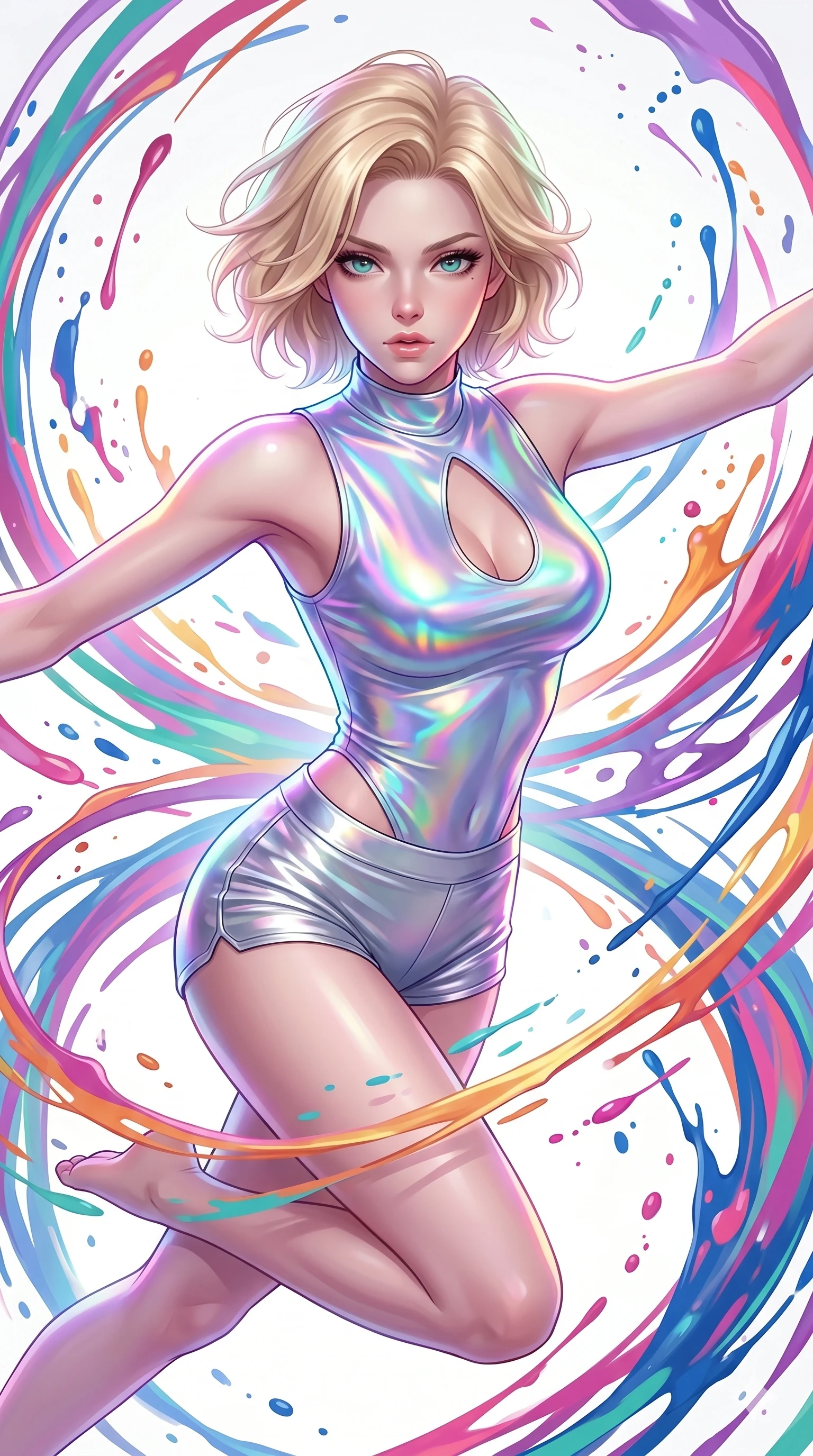 score_9, masterpiece, best quality, ultra-detailed, high-budget anime keyframe, Caucasian woman, strictly human ears. upper body close-up from the thighs up, character filling the screen for maximum presence. leaping into a vorticist paint splatter dimension where thousands of vivid acrylic paint ribbons and splatters swirl around her in a white gallery void. She has an absolutely perfect 8-heads proportion, an exceptionally tall and slender female figure with impossibly long slender legs and an ultra-slim waist. V-shaped jawline, high-bridge nose, intricate jewel-like eyes with depth, thick eyelashes, glossy lips with a natural sheen.. wearing a holographic liquid silk vest and silver metallic micro-shorts, featuring a keyhole cutout and form-fitting silhouette. enhanced by a luminous pastel spectrum glow, casting elegant rim lights on her shoulders and jawline. 2k, ultra detail, master piece, 9:16 ratio
