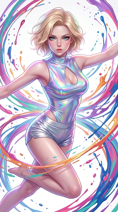score_9, masterpiece, best quality, ultra-detailed, high-budget anime keyframe, Caucasian woman, strictly human ears. upper body close-up from the thighs up, character filling the screen for maximum presence. leaping into a vorticist paint splatter d