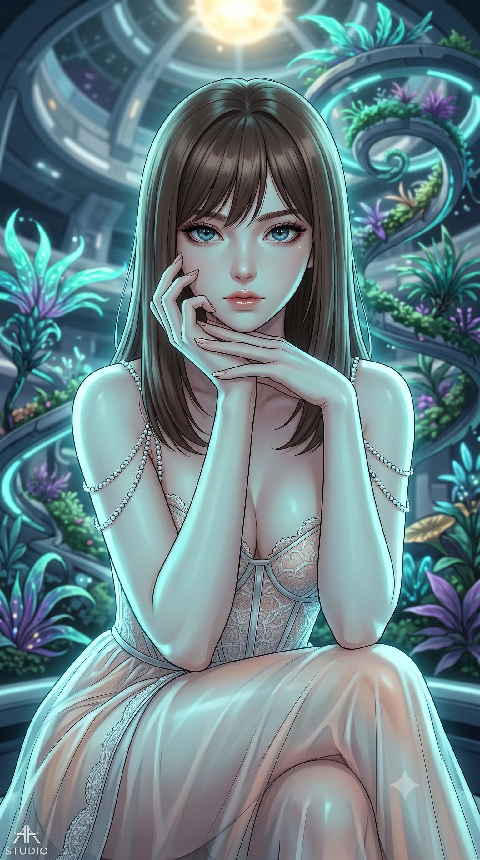 score_9, masterpiece, best quality, ultra-detailed, high-budget anime keyframe, editorial fashion photography, tasteful artistic composition, Korean woman. close-up cowboy shot from the waist and thighs up, the character dominates the composition, filling the frame with her large presence, background elements kept in soft focus. Resting her chin on the backs of her fingers in a confident pose. set against a soft-focus background of a massive atrium inside a space station where exotic alien plants grow in spiraling zero-gravity formations their bioluminescent fronds reaching toward an artificial sun at the atrium's center. She has an exceptionally elegant and slender, willowy female figure with an ultra-slim waist, a gracefully sculpted slender torso, and a refined slim physique. sharp v-shaped jawline, high-bridge nose, intricate jewel-like eyes with depth, thick eyelashes, glossy lips with a natural sheen. wearing a translucent gossamer gown in pale peach and silver, with pearl-chain straps and a structured lace corset bodice. soft aqua bioluminescent light making her skin luminously glow against darkness. 2k, ultra detail, master piece, 9:16 ratio