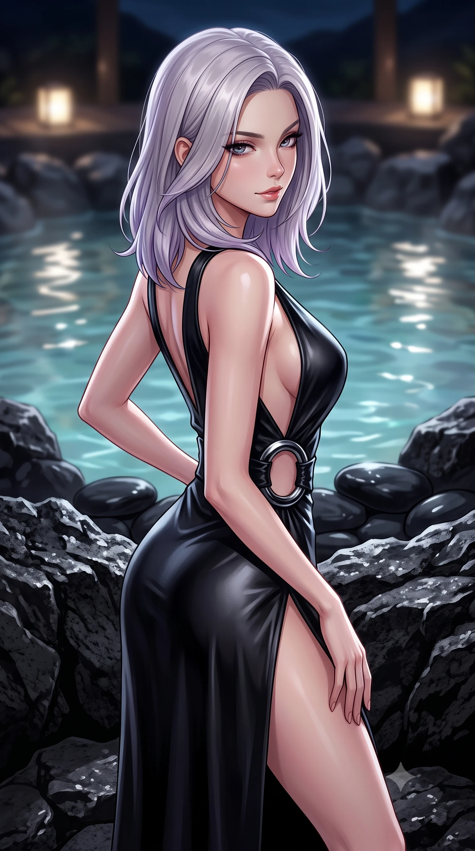 score_9, masterpiece, best quality, ultra-detailed, high-budget anime keyframe, editorial fashion photography, tasteful artistic composition, Caucasian woman. close-up cowboy shot from the waist and thighs up, the character dominates the composition, filling the frame with her large presence, background elements kept in soft focus. Glancing sidelong over her shoulder with a smoldering, enigmatic half-smile, standing beside a private outdoor thermal onsen surrounded by volcanic basalt rocks, smooth black basalt rocks providing sharp black-and-silver background contrast. She has an exceptionally elegant, slender, and willowy female figure with an ultra-slim waist, a gracefully sculpted slender torso, and a refined silhouette. sharp v-shaped jawline, high-bridge nose, intricate jewel-like eyes with depth, thick eyelashes, glossy lips with a natural sheen. wearing deep plunging V-neckline midnight gown with daring high thigh slit in pitch-black onyx, made of polished black leather, accented with sculpted obsidian chrome rings at the waist, highlighting her statuesque proportions and ultra-slim waistline. surrounded by a moody nocturnal spa glow with sharp water specular glints. highly saturated vibrant anime colors, detailed shading with soft gradients, rich glossy textures, high-contrast stereoscopic depth, volumetric dynamic lighting, master piece, 9:16 ratio