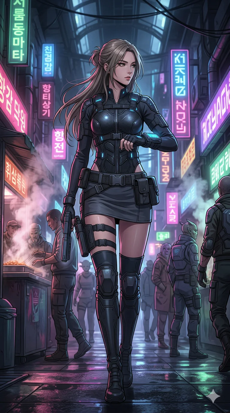score_9, masterpiece, best quality, ultra-detailed, semi-realistic high-budget anime keyframe, an incredibly beautiful Korean woman. Low angle cowboy shot filling the frame. She is a bounty hunter in a space colony, tracking a target through a crowded market. She has an absolutely perfect 8-heads proportion, an exceptionally tall female figure with long slender legs and a slim-fit toned body. Her face is a masterpiece with ash brown hair and sharp features. She is wearing a form-fitting tech-wear vest and micro mini skirt with tactical belts, highlighting her alluring silhouette. Alien market neon signs and steam, dramatic rim lighting, cinematic shadows, 2k, ultra detail, master piece, 9:16 ratio