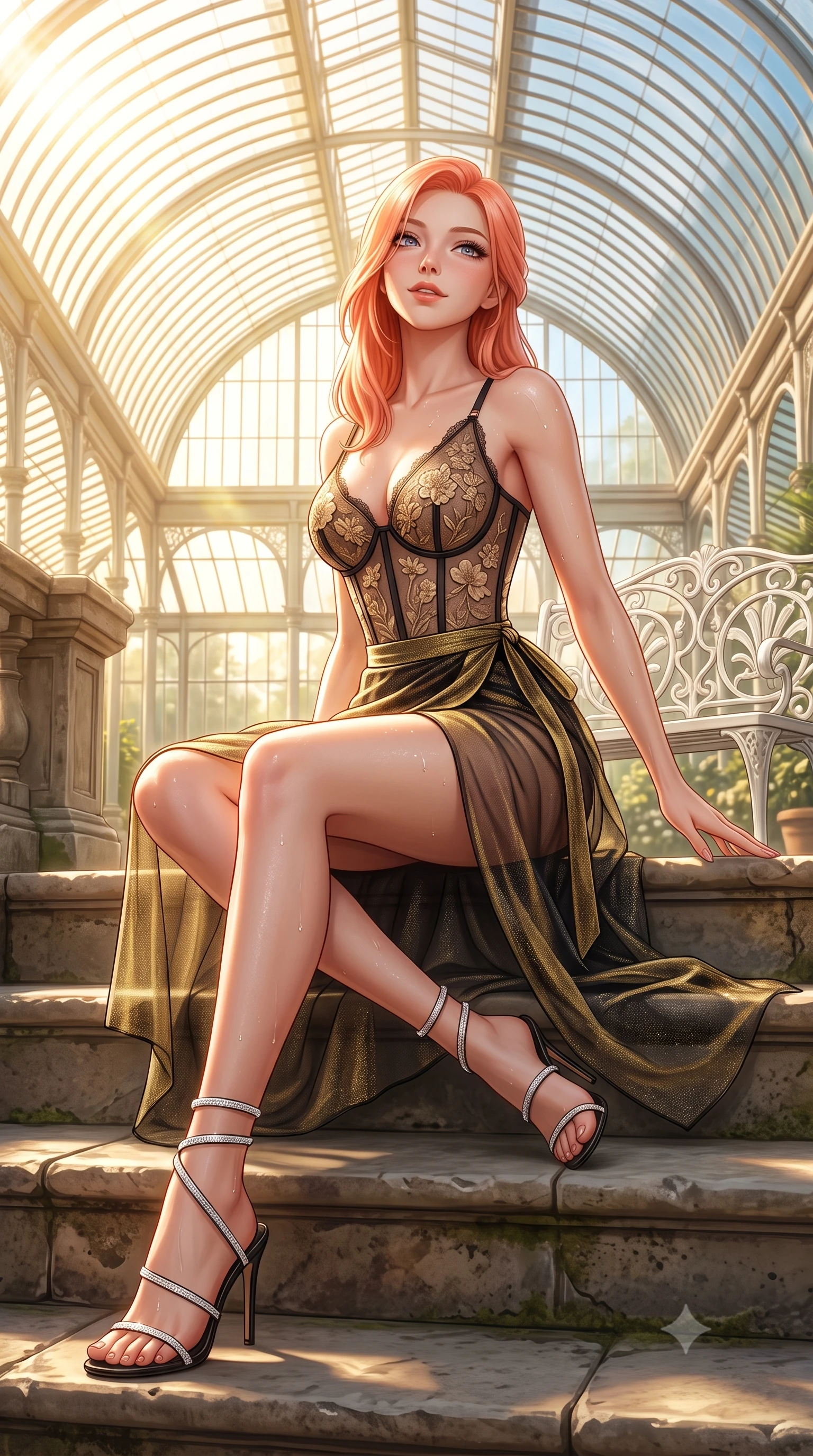 score_9, masterpiece, best quality, ultra-detailed, high-budget anime keyframe, semi-realistic 3D game render, editorial fashion photography, tasteful artistic composition, Japanese woman. low angle full-body shot from head to toe showing her feet, filling the entire 9:16 vertical frame with her statuesque presence, stretching her vertical silhouette. sitting poised on the stone steps with one knee bent, arching her spine with supermodel elegance as she glances upward through thick eyelashes while lounging gracefully on a white wrought-iron garden bench with legs extended, displaying her long slender limbs with effortless poise. The surrounding environment is rendered in vivid detail and crisp panoramic clarity: detailed sheer floral lace bralette weave, dewy moisture droplets on skin, and Victorian glasshouse architecture in razor-sharp precision. She has an absolutely perfect, statuesque 8.5-heads proportion, an exceptionally tall and slender model-like female figure with impossibly long slender legs, an ultra-slim waist, a flat toned midriff, narrow delicate ribcage, and beautifully sculpted feminine hips creating a graceful, slim hourglass silhouette without any bulky heaviness. sharp v-shaped jawline, high-bridge nose, sparkling eyes with hypnotic seductive depth, thick curled eyelashes, glossy parted lips with a natural dewy peach sheen, alluring bedroom-eyes with an enchanting coquettish smile, exuding magnetic siren charisma and sophisticated glamour, flawlessly proportioned anatomical accuracy, strict slender model proportions, natural body alignment, perfectly sculpted long slender limbs, ultra-slim waistline, clean dynamic posture without body distortion. wearing a plunging sweetheart-neckline boned corset top with pressed flower embroidery paired with a sheer organza wrap skirt in dual-tone high-contrast gold-and-black monochrome, woven from stretch metallic lurex jersey casting radiant starlight glints across her silhouette, complemented by strappy stiletto sandals with crystal ankle wraps accentuating her slender calves, the liquid-tight tailored fabric clinging flawlessly to her narrow waist and rounded feminine hips, emphasizing every millimeter of her sculpted slim hourglass curves without any bulky heaviness. bathed in luminous golden morning sunlight streaming through hundreds of curved glass roof panels. highly saturated vibrant anime colors, detailed shading with soft gradients, rich glossy textures, high-contrast stereoscopic depth, volumetric dynamic lighting, master piece, 9:16 ratio
