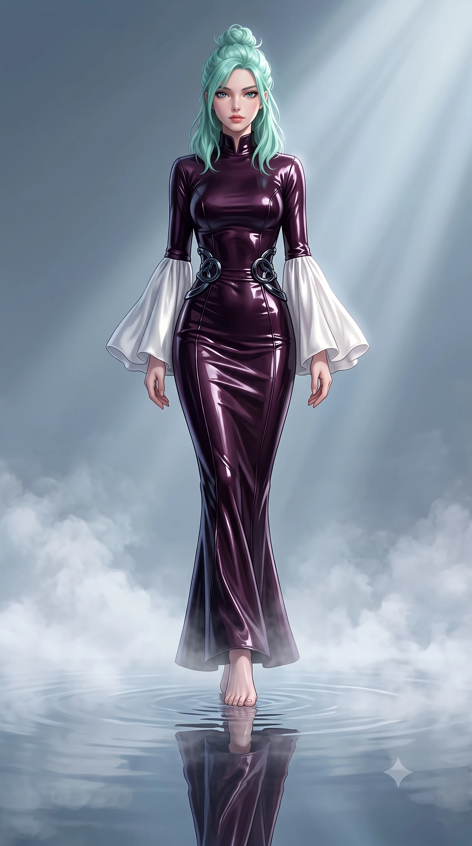 score_9, masterpiece, best quality, ultra-detailed, high-budget anime keyframe, editorial fashion photography, tasteful artistic composition, Japanese woman. low angle full-body shot from head to toe showing her feet, filling the entire 9:16 vertical frame with her statuesque presence, stretching her vertical silhouette. forging confidently through the floating mist, holding a poised statuesque stance, looking directly into the camera with a calm, magnetic self-assurance, water surface creating a clear mirror reflection of her statuesque posture. She has an absolutely perfect, statuesque 8.5-heads proportion, an exceptionally tall and slender model-like female figure with impossibly long slender legs and an ultra-slim waist. sharp v-shaped jawline, high-bridge nose, intricate jewel-like eyes with depth, thick eyelashes, glossy lips with a natural sheen. wearing gothic high-collar dark plum silk evening gown with bell sleeves in pearl white, made of high-gloss liquid vinyl, accented with sculpted obsidian chrome rings at the waist, contouring every curve with an exceptionally elegant silhouette. lit by clear moonbeam key rays casting soft graceful shadows. highly saturated vibrant anime colors, detailed shading with soft gradients, rich glossy textures, high-contrast stereoscopic depth, volumetric dynamic lighting, master piece, 9:16 ratio