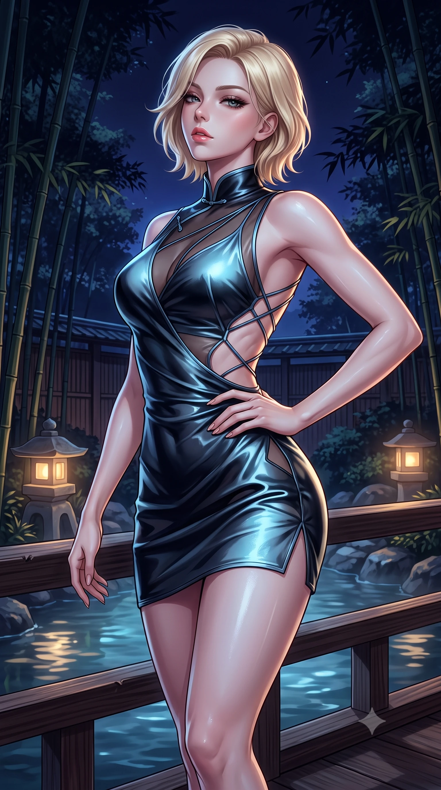 score_9, masterpiece, best quality, ultra-detailed, high-budget anime keyframe, semi-realistic 3D game render, editorial fashion photography, tasteful artistic composition, Caucasian woman. close-up cowboy shot from the waist and thighs up, the character dominates the composition, filling the frame with her large presence. tilting her chin up with proud, sovereign allure while gazing through thick eyelashes, one hand resting on her waist in pure supermodel charisma while standing poised on the wooden bridge terrace, twisting her upper body in an alluring S-curve as night wind rustles through the bamboo canopy. The surrounding environment is rendered in vivid detail and crisp panoramic clarity. atmospheric nocturnal Japanese chiaroscuro and serene hot-spring retreat luxury rendered with precision. She has an exceptionally elegant, slender, and willowy female figure with an ultra-slim waist, a gracefully sculpted slender torso, toned flat midriff, and rounded feminine hips creating an alluring hourglass silhouette. sharp v-shaped jawline, high-bridge nose, intricate jewel-like eyes with depth, thick eyelashes, glossy parted lips with a natural sheen, intensely captivating and seductive bedroom-eyes expression, flawlessly proportioned anatomical accuracy, strict slender model proportions, natural body alignment, perfectly sculpted long slender limbs, ultra-slim waistline, clean dynamic posture without body distortion. wearing a wet-look silk fusion wrap dress with asymmetrical sheer mesh cutouts and high Mandarin collar in dark ink-wash black and radiant moonlight cyan, crafted from supple second-skin lambskin leather with specular wet sheen, finished with a dramatic open back framed by criss-cross delicate silk cords, the form-contouring material adhering flawlessly to her sculpted flat midriff and slender torso, emphasizing her long leg lines and perfectly proportioned willowy build. illuminated by wet specular highlights accentuating her slender neckline, sculpted waist, and rounded hips. highly saturated vibrant anime colors, detailed shading with soft gradients, rich glossy textures, high-contrast stereoscopic depth, volumetric dynamic lighting, master piece, 9:16 ratio
