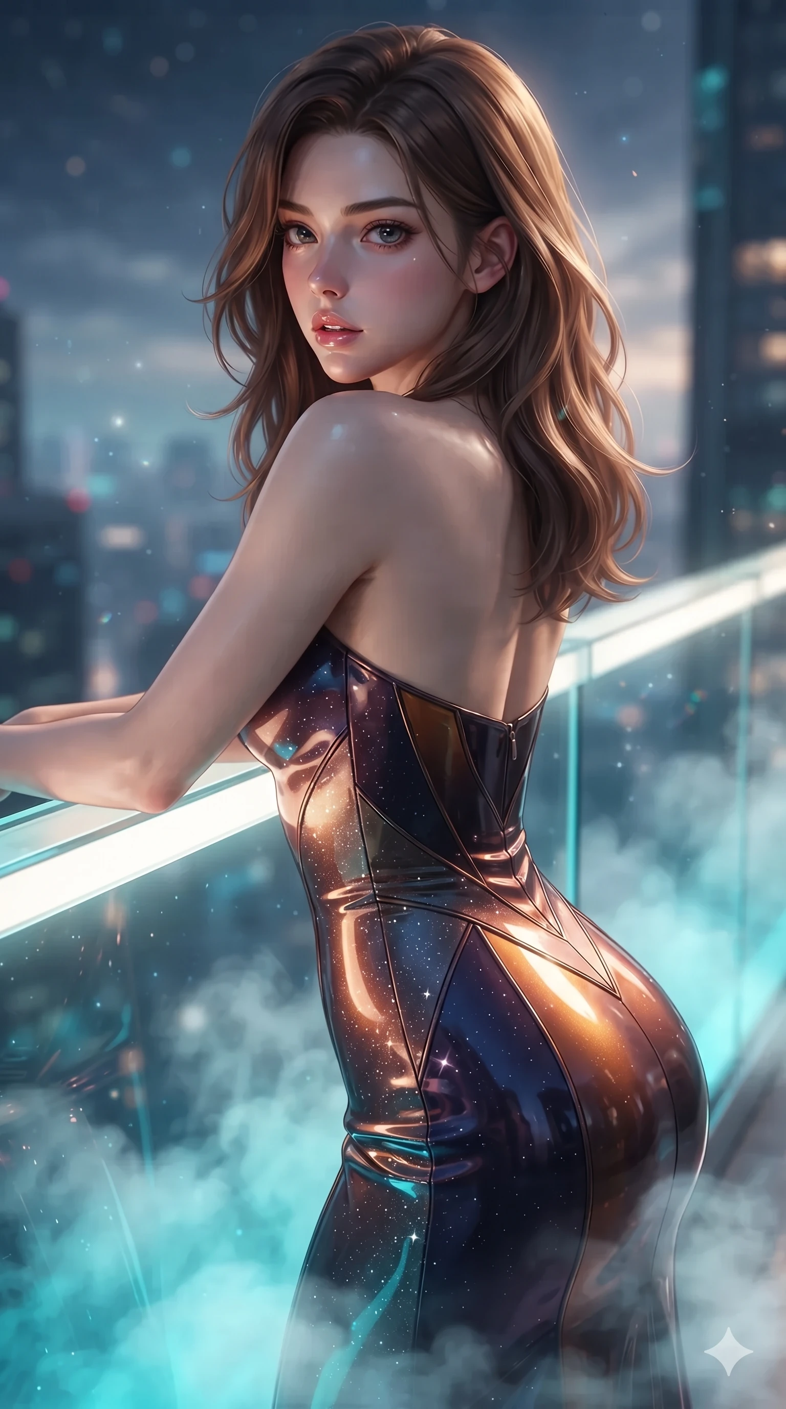 score_9, masterpiece, best quality, ultra-detailed, high-budget anime keyframe, editorial fashion photography, tasteful artistic composition, Korean woman. close-up cowboy shot from the waist and thighs up, the character dominates the composition, filling the frame with her large presence. posing in an alluring rear three-quarter angle, looking over a bare shoulder with parted glossy lips, her hips cocked back to highlight her slim hourglass curve while leaning against the illuminated glass balustrade with hips cocked back, gazing through the rising thermal clouds with intoxicating bedroom-eyes. The surrounding environment is rendered in vivid detail and crisp panoramic clarity: sharp glass floor structural joints, high-velocity water froth speculars, and stainless steel support cable bevels in deep focus. She has an exceptionally elegant, slender, and willowy female figure with an ultra-slim waist, flat toned midriff, narrow ribcage, and sculpted feminine hips creating an alluring, slim hourglass silhouette without bulk. sharp v-shaped jawline, high-bridge nose, intricate jewel-like sparkling eyes with depth, thick eyelashes, glossy parted lips with a natural sheen, intensely captivating and seductive bedroom-eyes expression, exuding both youthful cute charm and sovereign luxury allure, flawlessly proportioned anatomical accuracy, strict slender model proportions, natural body alignment, perfectly sculpted long slender limbs, ultra-slim waistline, clean dynamic posture without body distortion. wearing a sculpted liquid-satin mermaid gown tailored with contouring seams that adhere flawlessly over her curves in cosmic eclipse amber and starlight diamond, tailored from high-gloss patent leather with mirror-like specular highlights, complemented by strappy stiletto sandals with metallic ankle wraps accentuating her slender calves, the liquid-tight tailored fabric clinging flawlessly to her narrow waist and rounded feminine hips, emphasizing every millimeter of her sculpted slim hourglass curves without any bulky heaviness. bathed in the vibrant underwater turquoise illumination filtering through the glass floor mixed with warm overhead starlight. ultra-reflective glossy finish, specular highlights, rich textural contrasts, high-contrast stereoscopic depth, volumetric dynamic lighting, 2k, ultra detail, master piece, 9:16 ratio