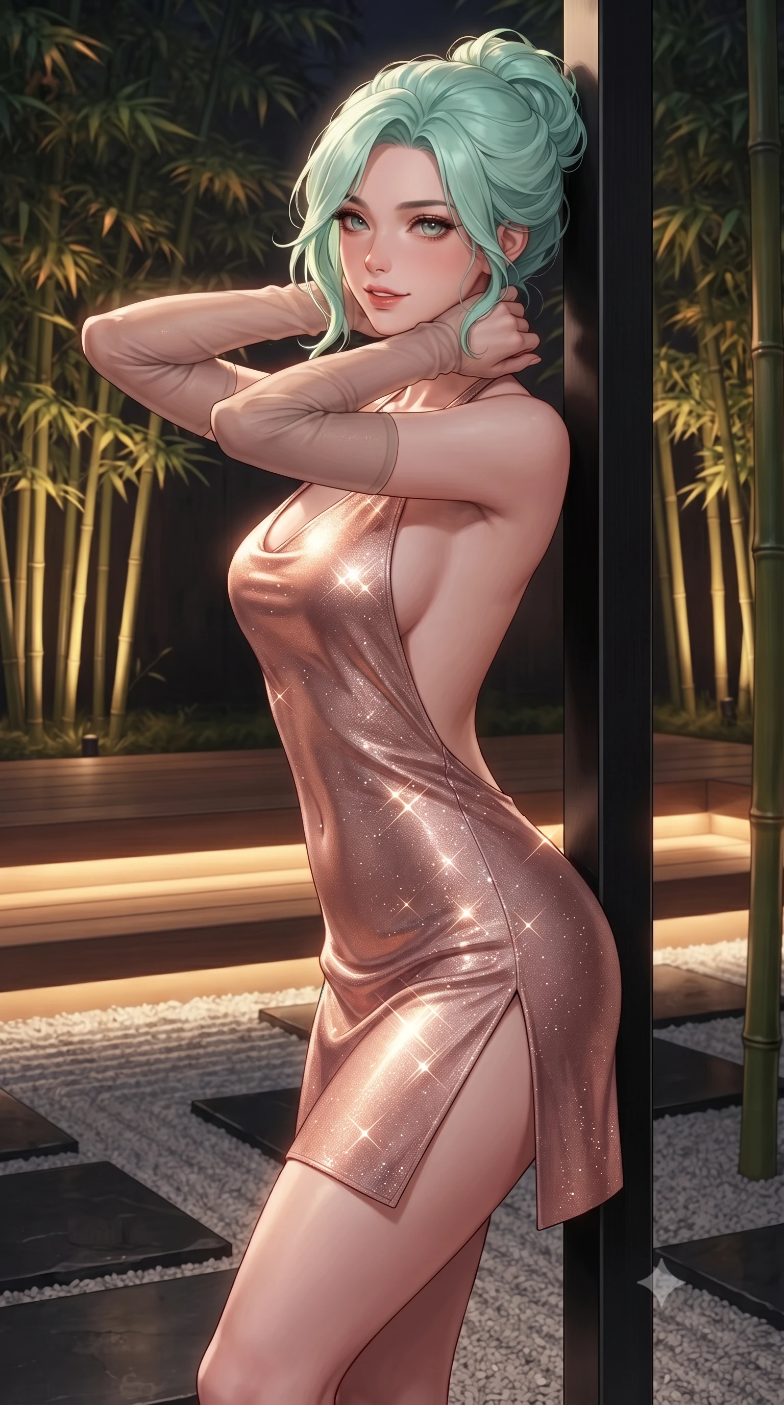 score_9, masterpiece, best quality, ultra-detailed, high-budget anime keyframe, editorial fashion photography, tasteful artistic composition, Japanese woman. close-up cowboy shot from the waist and thighs up, the character dominates the composition, filling the frame with her large presence. resting both hands lightly behind her neck with elbows raised, arching her spine to highlight her narrow waist, flat midriff, and breathtaking collarbones while leaning against the slender blackened steel mullion with hips cocked back, looking through illuminated bamboo groves with smoldering bedroom-eyes. The surrounding environment is rendered in vivid detail and crisp panoramic clarity: sharp raked gravel groove shadows, polished black slate paver textures, and natural bamboo node rings in deep focus. She has an exceptionally elegant, slender, and willowy female figure with an ultra-slim waist, flat toned midriff, narrow ribcage, and sculpted feminine hips creating an alluring, slim hourglass silhouette without bulk. sharp v-shaped jawline, high-bridge nose, intricate jewel-like sparkling eyes with depth, thick eyelashes, glossy parted lips with a natural peach sheen, bright cheerful beaming smile with an enchanting and coquettish sensual glint, exuding both youthful cute charm and seductive allure, flawlessly proportioned anatomical accuracy, strict slender model proportions, natural body alignment, perfectly sculpted long slender limbs, ultra-slim waistline, clean dynamic posture without body distortion. wearing a provocative backless halterneck silk lamé mini dress with deep scoop back down to her lower spine and thigh-high slit in rose-quartz blush and antique burnished brass, woven from stretch metallic lurex jersey casting radiant starlight glints across her curves, complemented by sheer opera-length evening gloves tracing her slender arms, the second-skin tailored fabric adhering flawlessly to her sculpted flat midriff and slender torso, emphasizing her long leg lines and perfectly proportioned willowy build. bathed in the warm 2700K indirect cove illumination concealed beneath floating cedar steps and bamboo uplights. ultra-reflective glossy finish, specular highlights, rich textural contrasts, high-contrast stereoscopic depth, volumetric dynamic lighting, 2k, ultra detail, master piece, 9:16 ratio