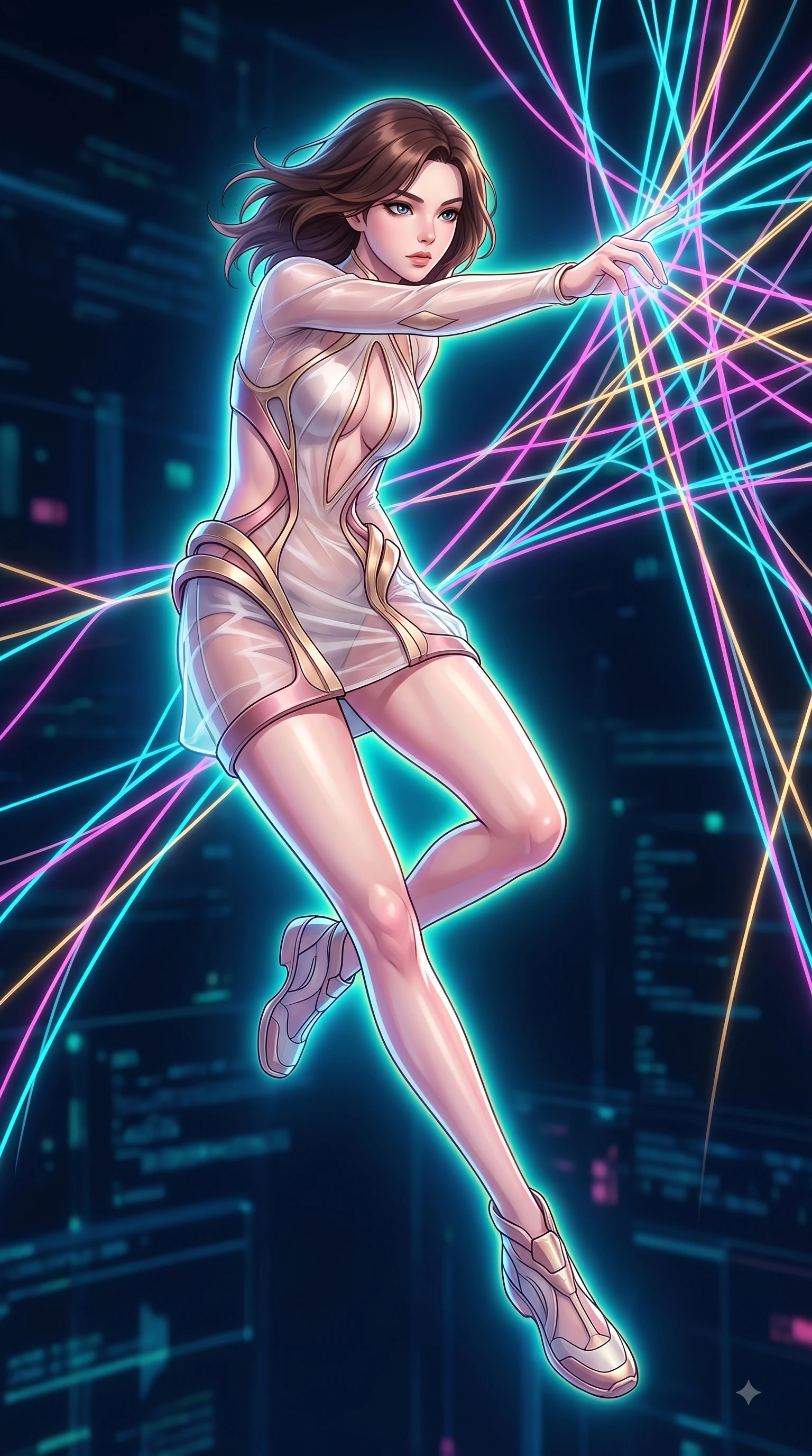 score_9, masterpiece, best quality, ultra-detailed, high-budget anime keyframe, editorial fashion photography, tasteful artistic composition, Korean woman. low angle full-body shot from head to toe showing her feet, filling the entire 9:16 vertical frame with her statuesque presence, stretching her vertical silhouette. performing an athletic mid-air rotation with flawless poise, her vertical silhouette beautifully stretched while reaching forward with an arm stretch to touch a cluster of luminescent filament threads, fluorescent cyan, magenta, and gold light threads crossing in 3D space. She has an absolutely perfect, statuesque 8.5-heads proportion, an exceptionally tall and slender model-like female figure with impossibly long slender legs and an ultra-slim waist. sharp v-shaped jawline, high-bridge nose, intricate jewel-like eyes with depth, thick eyelashes, glossy lips with a natural sheen, flawlessly proportioned anatomical accuracy, natural body alignment, perfectly sculpted elegant limbs, clean dynamic posture without body distortion. wearing a dramatic open-waist cutout mini dress framed by sculptural hardware in dusty rose and champagne gold, woven from fine semi-opaque sheer organza, accented with a Tasteful chest slit framing her clavicle gracefully, the elegant draped fit framing her graceful clavicle and slender torso. surrounded by a vibrant fluorescent aura with bright specular rim lights. highly saturated vibrant anime colors, detailed shading with soft gradients, rich glossy textures, high-contrast stereoscopic depth, volumetric dynamic lighting, master piece, 9:16 ratio