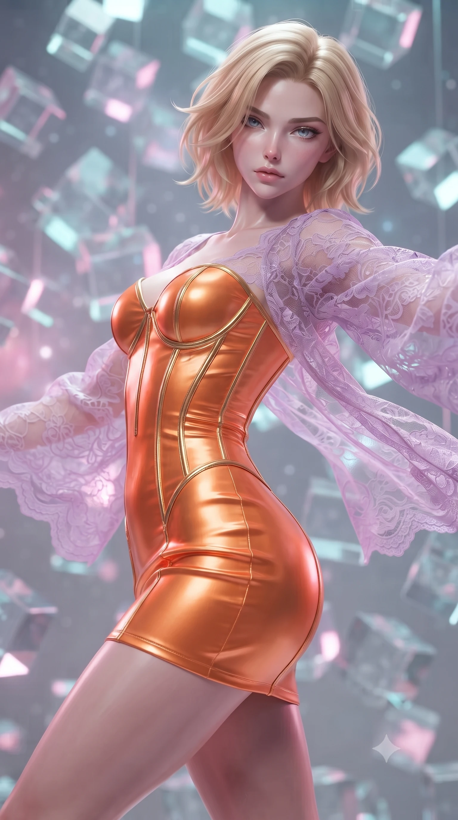 score_9, masterpiece, best quality, ultra-detailed, high-budget anime keyframe, editorial fashion photography, tasteful artistic composition, realistic cosplay photography, Caucasian woman, strictly human ears. close-up cowboy shot from the waist and thighs up, the character dominates the composition, filling the frame with her large presence, background elements kept in soft focus. Leaning back to dodge a fast strike with fluid grace, casting a cold side-glare. set against a soft-focus background of a waterfall made of falling polyhedral glass blocks, bouncing and sliding off each other in a geometric cascade. She has an exceptionally elegant and slender, willowy female figure with an ultra-slim waist, a gracefully sculpted slender torso, and a refined slim physique. sharp v-shaped jawline, high-bridge nose, intricate jewel-like eyes with depth, thick eyelashes, glossy lips with a natural sheen. wearing the lightweight fabric rippling and billowing dramatically with her movement, a form-contouring corset mini dress in bright tangerine satin, featuring visible gold bone structure and attached sheer lilac lace sleeves. starlight and nebula glow casting soft cosmic pink and cyan highlights on her form. ultra-reflective glossy finish, specular highlights, metallic sheen, high-contrast stereoscopic depth, volumetric dynamic lighting, 2k, ultra detail, master piece, 9:16 ratio