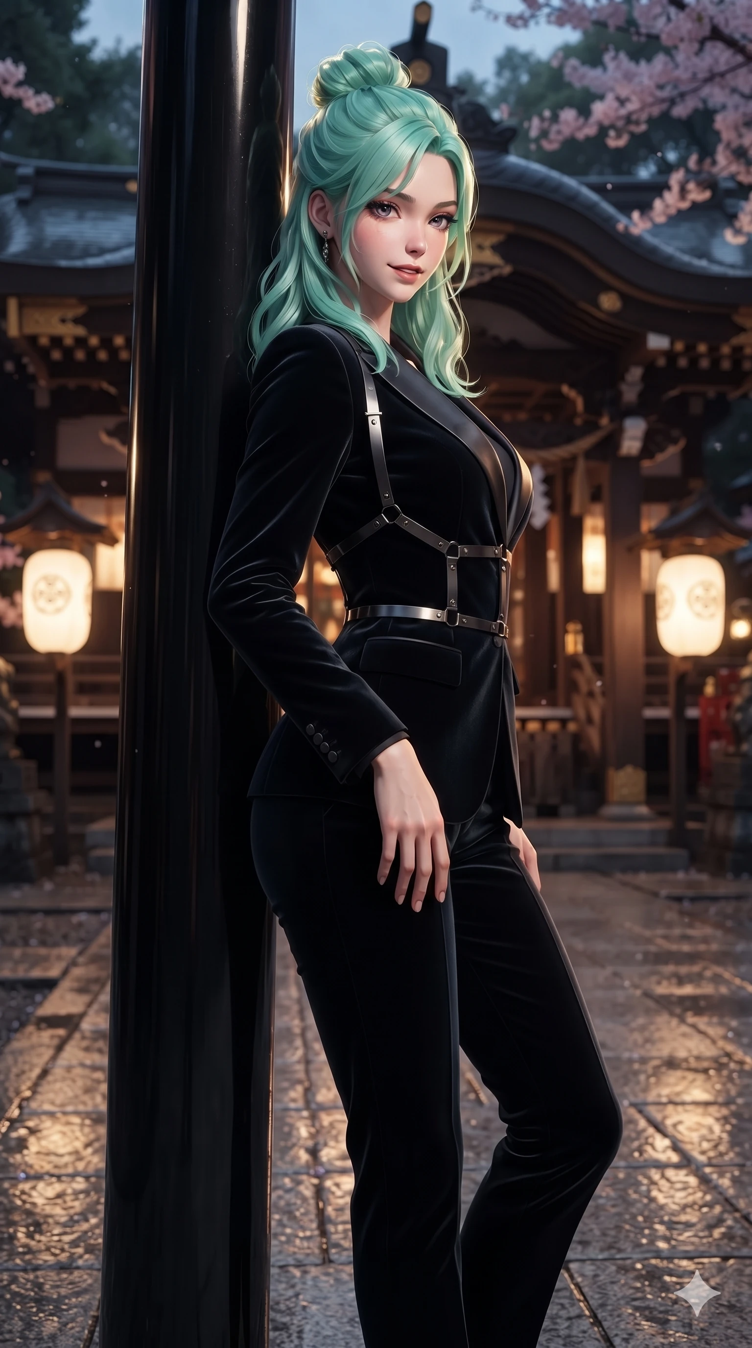 score_9, masterpiece, best quality, ultra-detailed, high-budget anime keyframe, editorial fashion photography, tasteful artistic composition, Japanese woman. close-up cowboy shot from the waist and thighs up, the character dominates the composition, filling the frame with her large presence. tilting her head with a teasing half-smile, running one hand slowly down the side of her hip in a flirtatious S-curve while leaning against the polished black lacquer Torii column with hips cocked back, glancing back with an intoxicating, smoldering half-smile. The surrounding environment is rendered in vivid detail and crisp panoramic clarity: detailed sheer dark chiffon gown drape, gunmetal harness structure, and traditional shrine craftsmanship in razor-sharp precision. She has an exceptionally elegant, slender, and willowy female figure with an ultra-slim waist, flat toned midriff, narrow ribcage, and sculpted feminine hips creating an alluring, slim hourglass silhouette without bulk. sharp v-shaped jawline, high-bridge nose, intricate jewel-like dark sparkling eyes with hypnotic seductive depth, thick curled eyelashes, glossy parted lips with a natural wine sheen, alluring bedroom-eyes with an enigmatic smoldering smile, exuding magnetic sovereign charisma and dark avant-garde glamour, flawlessly proportioned anatomical accuracy, strict slender model proportions, natural body alignment, perfectly sculpted long slender limbs, ultra-slim waistline, clean dynamic posture without body distortion. wearing a refined dark velvet pantsuit with satin lapels and tailored cigarette trousers in pure obsidian monochrome with subtle metallic sheen, tailored from crushed dark velvet with deep light-absorbing plush texture, highlighted by a gunmetal metallic harness structure, accentuating her gracefully sculpted slender torso and statuesque proportions. illuminated by wet stone ground bounce and sharp gold-amber rim lights sculpting her razor-sharp jawline, narrow waist, and curvy hips. ultra-reflective glossy finish, specular highlights, metallic sheen, high-contrast stereoscopic depth, volumetric dynamic lighting, 2k, ultra detail, master piece, 9:16 ratio