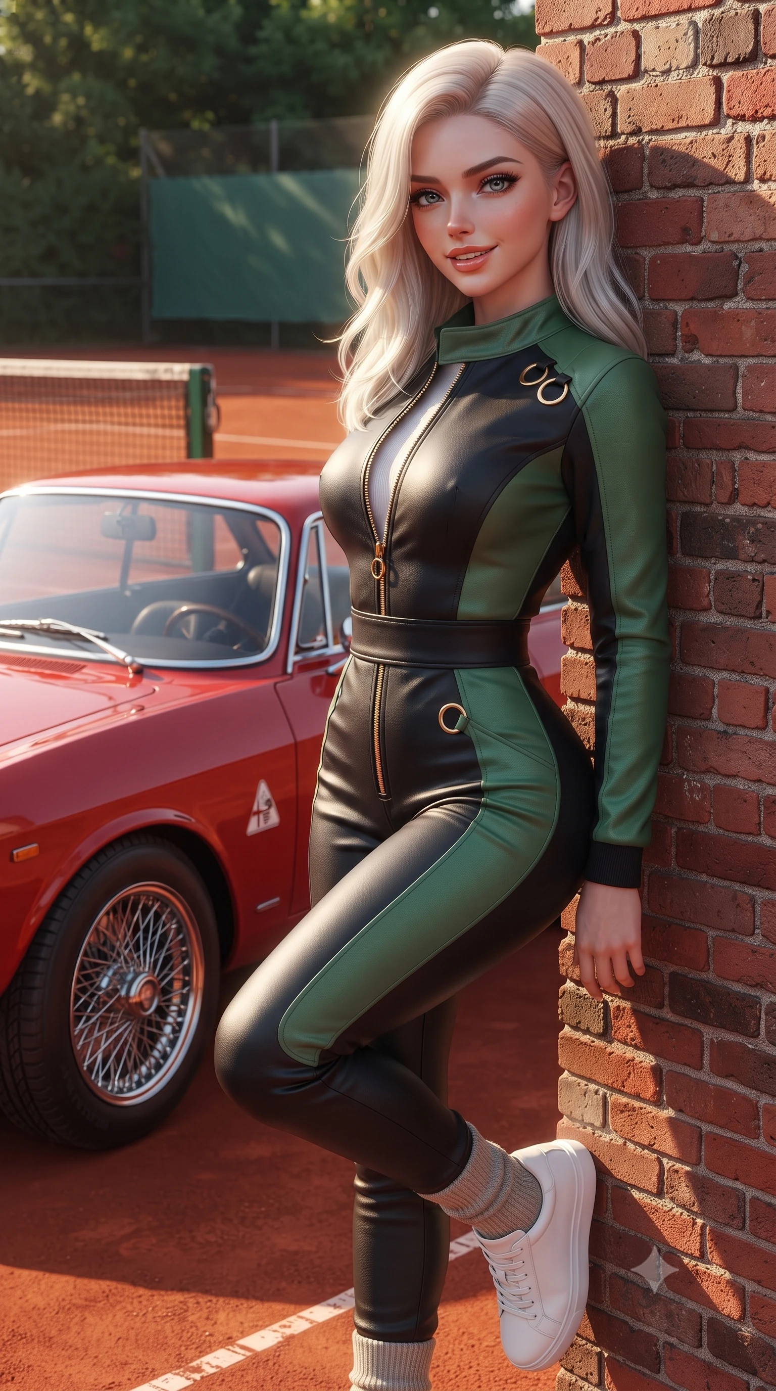 score_9, masterpiece, best quality, ultra-detailed, high-budget anime keyframe, editorial fashion photography, tasteful artistic composition, Caucasian woman. close-up cowboy shot from the waist and thighs up, the character dominates the composition, filling the frame with her large presence. leaning back against the pit wall with relaxed seductive grace, her flat midriff and narrow waist highlighted as sunlight traces her curves while standing poised beside a vintage racing-red Alfa Romeo parked by the clay court with hips cocked back, casting an intoxicating, sunlit bedroom-gaze. The surrounding environment is rendered in vivid detail and crisp panoramic clarity: sharp red brick-dust clay grain textures, vintage Alfa Romeo chrome wire-spoke wheels, and tennis net mesh clarity in deep focus. She has an exceptionally elegant, slender, and willowy female figure with an ultra-slim waist, flat toned midriff, narrow ribcage, and sculpted feminine hips creating an alluring, slim hourglass silhouette without bulk. sharp v-shaped jawline, high-bridge nose, sparkling eyes with athletic focus and depth, thick curled eyelashes, glossy parted lips with a natural coral-peach sheen, bright confident and coquettish smile with alluring bedroom-eyes, exuding both youthful sporty vigor and sovereign high-society glamour, flawlessly proportioned anatomical accuracy, strict slender model proportions, natural body alignment, perfectly sculpted long slender limbs, ultra-slim waistline, clean dynamic posture without body distortion. wearing a high-performance speeder racing suit in matte black and Wimbledon green with gold hardware rings in matte obsidian black and checkered flag white, crafted from supple buttery lambskin racing leather with a satin sheen, complemented by ribbed knit crew socks and clean white designer court sneakers, the high-waisted wrap tailoring accentuating her ultra-slim waistline and the enchanting curve of her feminine hips with alluring sporty charm. illuminated by clay bounce warmth and sharp amber rim lighting defining her sculpted collarbones, ultra-slim waist, and curvy hips. ultra-reflective glossy finish, specular highlights, rich textural contrasts, high-contrast stereoscopic depth, volumetric dynamic lighting, 2k, ultra detail, master piece, 9:16 ratio
