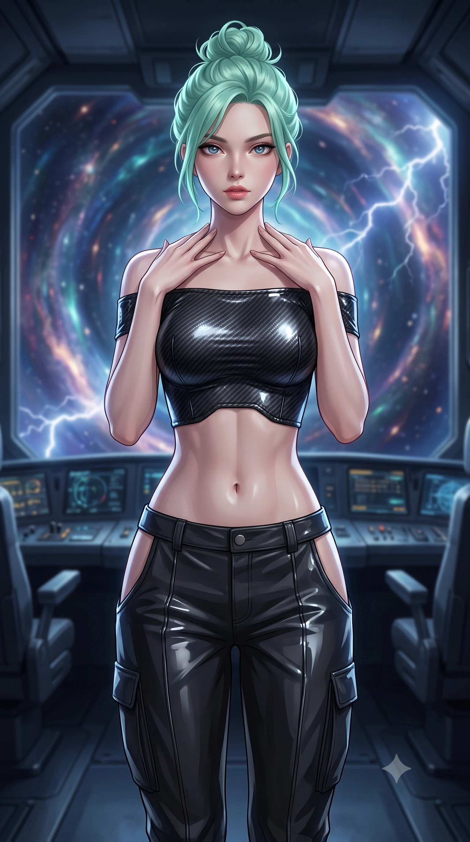 score_9, masterpiece, best quality, ultra-detailed, high-budget anime keyframe, editorial fashion photography, tasteful artistic composition, Japanese woman. close-up cowboy shot from the waist and thighs up, the character dominates the composition, filling the frame with her large presence, background elements kept in soft focus. standing in a relaxed, elegant posture with both hands resting lightly on her collarbone, looking at the viewer with bedroom-eyes, the background shows a soft-focus a train cockpit view facing a swirling wormhole entrance in space. She has an exceptionally elegant, slender, and willowy female figure with an ultra-slim waist, a gracefully sculpted slender torso, and a refined silhouette. sharp v-shaped jawline, high-bridge nose, intricate jewel-like eyes with depth, thick eyelashes, glossy lips with a natural sheen. wearing a body-hugging off-shoulder carbon-fiber armor top paired with high-slit tactical cargo pants, showing her delicately sculpted midriff. flashes of lightning casting momentary high-contrast chiaroscuro shadows. ultra-reflective glossy finish, specular highlights, metallic sheen, high-contrast stereoscopic depth, volumetric dynamic lighting, 2k, ultra detail, master piece, 9:16 ratio