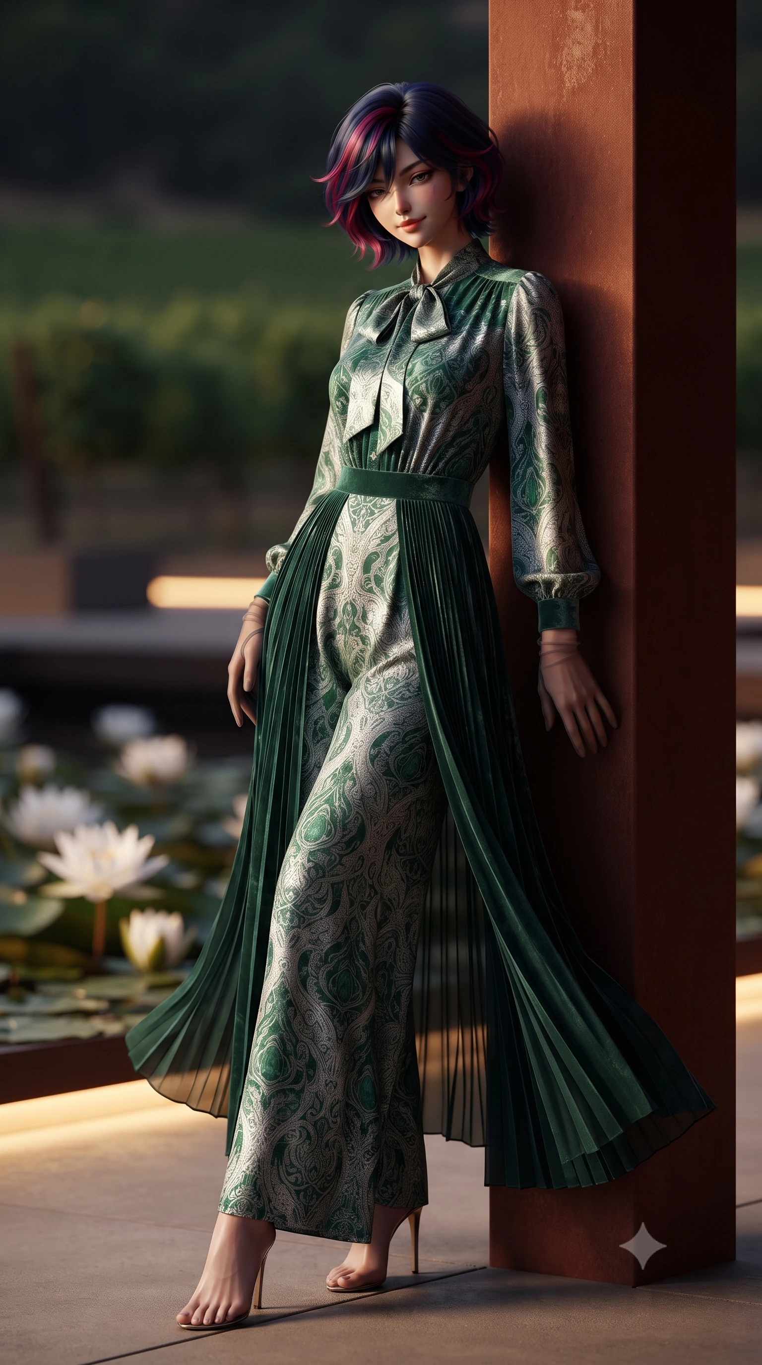 score_9, masterpiece, best quality, ultra-detailed, high-budget anime keyframe, editorial fashion photography, tasteful artistic composition, Korean woman. low angle full-body shot from head to toe showing her feet, filling the entire 9:16 vertical frame with her statuesque presence, stretching her vertical silhouette. stepping slowly toward the camera with hypnotic grace, hips swaying in an alluring sensual rhythm that accentuates her curvy hourglass silhouette and long slender legs while leaning against the rust-red Corten steel pavilion column with hips cocked back, looking over endless rows of vineyards with heavy-lidded bedroom-eyes. The background shows a soft-focus night-blooming white water lilies softened in avant-garde wine estate shallow focus. She has an exceptionally tall and slender model-like 8.5-heads proportion, an ultra-slim waist, a flat toned midriff, narrow delicate ribcage, and beautifully sculpted feminine hips creating a graceful, slim hourglass silhouette without any bulky heaviness, with impossibly long slender legs. sharp v-shaped jawline, high-bridge nose, intricate jewel-like sparkling eyes with depth, thick eyelashes, glossy parted lips with a natural peach sheen, bright cheerful beaming smile with an enchanting and coquettish sensual glint, exuding both youthful cute charm and seductive allure, flawlessly proportioned anatomical accuracy, strict slender model proportions, natural body alignment, perfectly sculpted long slender limbs, ultra-slim waistline, clean dynamic posture without body distortion. wearing a refined long-sleeve silk georgette palazzo jumpsuit with pleated overlay skirt and modest neck bow in Art Nouveau malachite green and antique starlight silver, tailored from ultra-plush silk velvet with rich tactile depth and deep shadow gradients, complemented by sheer opera-length evening gloves tracing her slender arms, the bespoke structured tailoring following the natural line of her 8.5-heads silhouette with refined elegance. bathed in the warm 2700K linear architectural cove lights concealed beneath floating pathways. ultra-reflective glossy finish, specular highlights, rich textural contrasts, high-contrast stereoscopic depth, volumetric dynamic lighting, 2k, ultra detail, master piece, 9:16 ratio