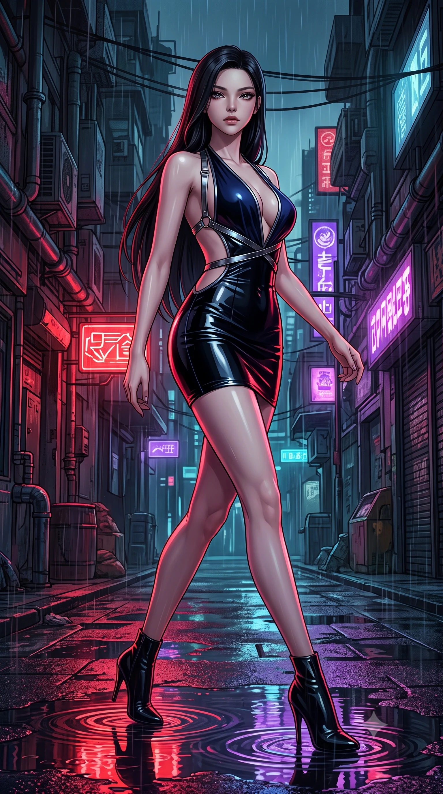 score_9, masterpiece, best quality, ultra-detailed, high-budget anime keyframe, semi-realistic 3D game render, editorial fashion photography, tasteful artistic composition, Korean woman. low angle full-body shot from head to toe showing her feet, filling the entire 9:16 vertical frame with her statuesque presence, stretching her vertical silhouette. striding forward in a proud, statuesque motion with a dangerous smolder, hips swaying with fierce allure, dominating the frame from head to toe while striding commanding through heavy midnight rain as puddle reflections of red and violet neon ripple beneath her heels. The surrounding environment is rendered in vivid detail and crisp panoramic clarity. high-contrast noir chiaroscuro and atmospheric cyberpunk urban textures captured with precision. She has an absolutely perfect, statuesque 8.5-heads proportion, an exceptionally tall and slender model-like female figure with impossibly long slender legs, a toned flat midriff, and an ultra-slim waist. sharp v-shaped jawline, high-bridge nose, intricate jewel-like eyes with depth, thick eyelashes, glossy lips with a natural sheen, flawlessly proportioned anatomical accuracy, strict slender model proportions, natural body alignment, perfectly sculpted long slender limbs, ultra-slim waistline, clean dynamic posture without body distortion. wearing a second-skin midnight black latex mini dress with a dramatic open-back design wrapping around her waist and a plunging neckline in midnight navy blue and shadowed silver trim, formed from high-gloss patent material with specular chiaroscuro reflections, reinforced by a sleek metallic chrome harness and delicate dark glowing micro-straps, the liquid-tight tailored fabric emphasizing every curve of her tall, slender model proportions and sculptured silhouette during dynamic movement. bathed in vivid high-contrast neon crimson and deep cyan ambient rim lighting. rich saturated anime colors with deep moody shadows, detailed chiaroscuro shading with soft gradients, rich glossy textures, high-contrast stereoscopic depth, volumetric dynamic shadow lighting, master piece, 9:16 ratio
