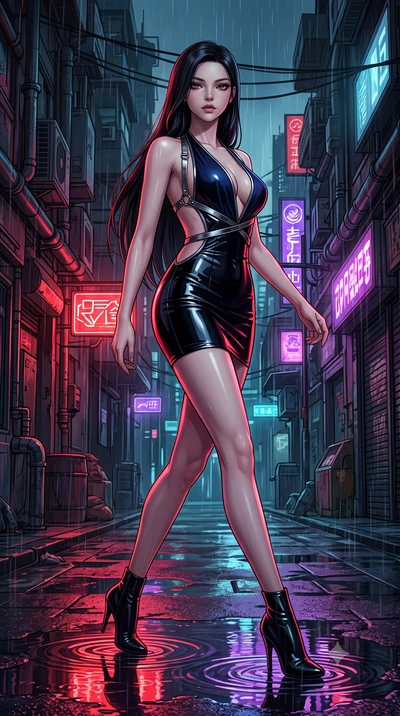score_9, masterpiece, best quality, ultra-detailed, high-budget anime keyframe, semi-realistic 3D game render, editorial fashion photography, tasteful artistic composition, Korean woman. low angle full-body shot from head to toe showing her feet, fil