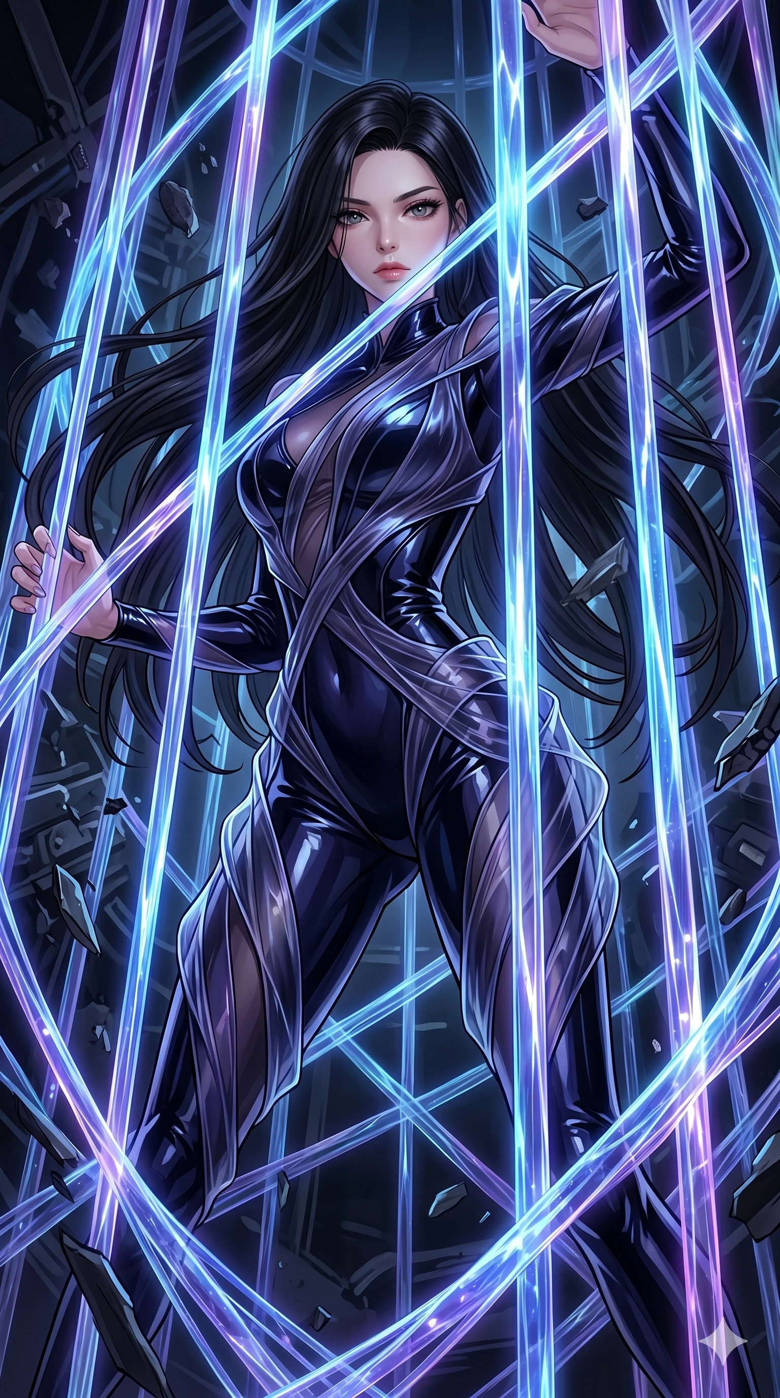 score_9, masterpiece, best quality, ultra-detailed, High-budget Anime Keyframe, East Asian woman. Dynamic full-body shot stretching the vertical silhouette to the limit. Scenario 222: Trapped in a cage of glowing crystalline fibers, body pressing against the bars. Her presence is magnetic and overpowering in this high-budget anime scene. Outfit 222: A patent leather second with a artistically draped detail and translucent layers. The clothing is designed to emphasize her exceptionally tall and slender 8-heads proportion. 8-heads proportion, towering silhouette, ultra-slim waist. sharp v-shaped jawline, intricate jewel-like eyes with depth, thick eyelashes, glossy lips. 2k, ultra detail, master piece, 9:16 ratio