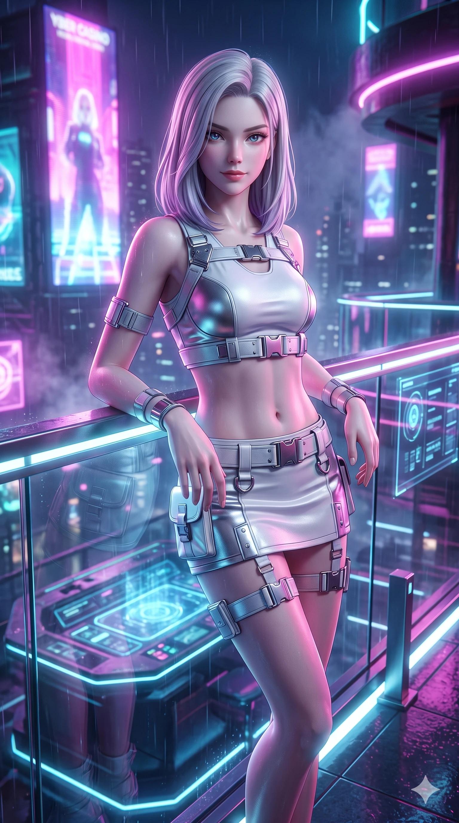 score_9, masterpiece, best quality, ultra-detailed, high-budget anime keyframe, semi-realistic 3D game render, editorial fashion photography, tasteful artistic composition, Caucasian woman. close-up cowboy shot from the waist and thighs up, the character dominates the composition, filling the frame with her large presence. leaning forward over the holographic console while arching her lower back to accentuate her curvy hips, looking into the camera with an intoxicating smoldering bedroom-gaze while leaning against the glowing glass terrace railing with hips cocked back, looking through rain-slicked holographic billboard reflections with smoldering eyes. The background shows a soft-focus light rain mist softened in cyber casino terrace shallow focus. She has an exceptionally elegant, slender, and willowy female figure with an ultra-slim waist, flat toned midriff, narrow ribcage, and sculpted feminine hips creating an alluring, slim hourglass silhouette without bulk. sharp v-shaped jawline, high-bridge nose, intricate jewel-like sparkling eyes with depth, thick eyelashes, glossy parted lips with a natural sheen, bright confident smile with an enchanting and coquettish sensual glint, exuding both youthful magnetic charm and sovereign high-tech allure, flawlessly proportioned anatomical accuracy, strict slender model proportions, natural body alignment, perfectly sculpted long slender limbs, ultra-slim waistline, clean dynamic posture without body distortion. wearing a body-hugging modern carbon-alloy crop top paired with a low-rise tactical skirt and a subtle waist cut-out in pure alabaster white and brushed silver accents, woven from buttery-soft stretch lambskin leather adhering to her body like a second skin, finished with polished chrome buckle hardware and modular magnetic holster clasps, the form-fitting tactical tailoring adhering flawlessly to her sculpted flat midriff and slender torso, emphasizing her long leg lines and perfectly proportioned willowy build. bathed in the vibrant, highly saturated glow of magenta, electric cyan, and ultraviolet neon billboards. highly saturated vibrant anime colors, detailed shading with soft gradients, rich glossy textures, high-contrast stereoscopic depth, volumetric dynamic lighting, master piece, 9:16 ratio