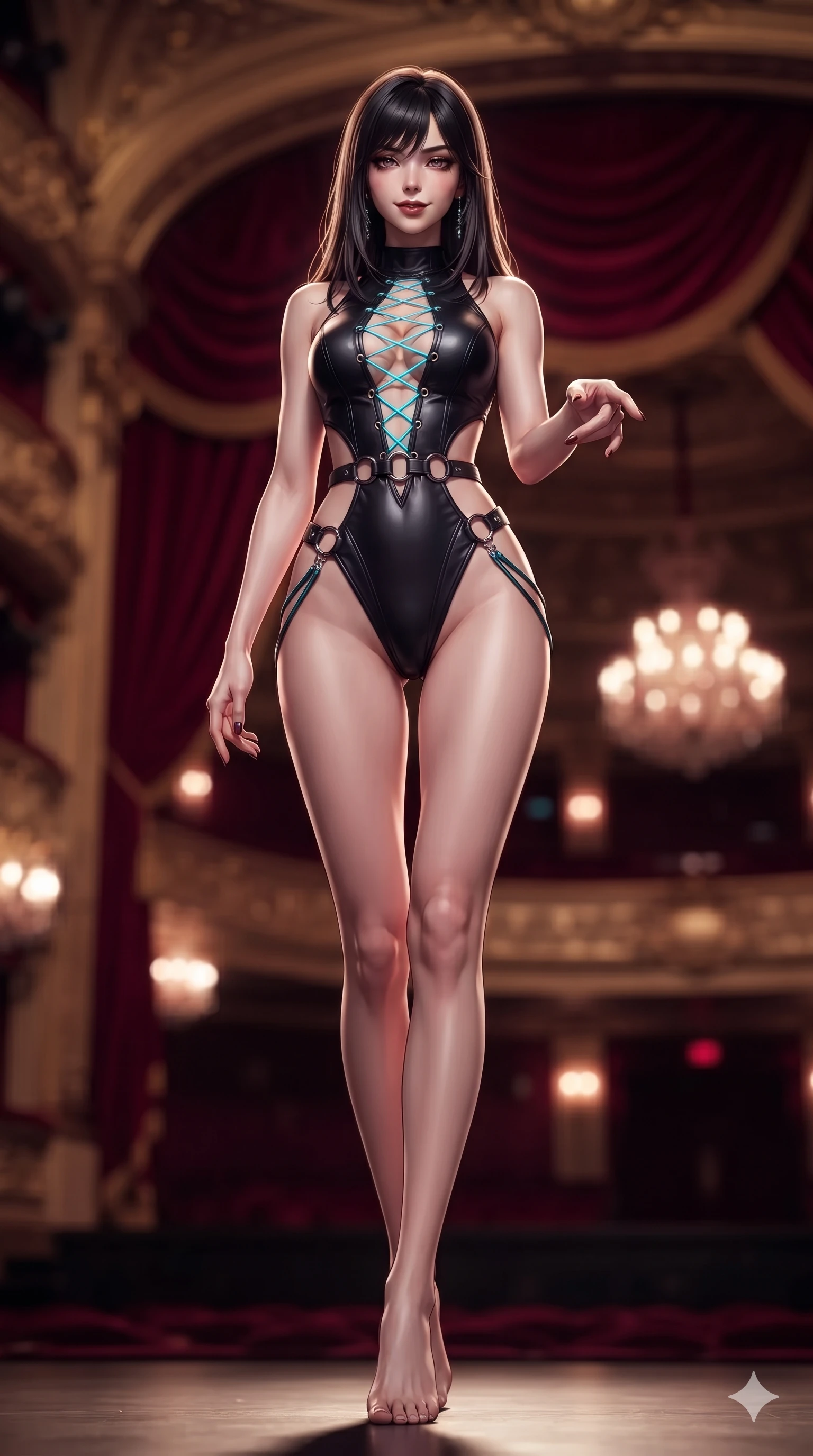 score_9, masterpiece, best quality, ultra-detailed, high-budget anime keyframe, editorial fashion photography, tasteful artistic composition, Japanese woman. low angle full-body shot from head to toe showing her feet, filling the entire 9:16 vertical frame with her statuesque presence, stretching her vertical silhouette. stepping forward into the sharp laser beam, her long slender legs and curvy hips creating a sweeping vertical line while reaching one hand toward the viewer with relaxed dark elegance, her tailored tux dress tracing her ultra-slim waist and hips. The background shows a soft-focus gilded baroque opera tiers, cascading deep crimson velvet drapes, and distant illuminated stage chandeliers blurred into ruby, burgundy, and gold bokeh. She has an absolutely perfect, statuesque 8.5-heads proportion, an exceptionally tall and slender model-like female figure with impossibly long slender legs, an ultra-slim waist, a flat toned midriff, narrow delicate ribcage, and beautifully sculpted feminine hips creating a graceful, slim hourglass silhouette without any bulky heaviness. sharp v-shaped jawline, high-bridge nose, intricate jewel-like dark sparkling eyes with hypnotic seductive depth, thick curled eyelashes, glossy parted lips with a natural wine sheen, alluring bedroom-eyes with an enigmatic smoldering smile, exuding magnetic sovereign charisma and dark avant-garde glamour, flawlessly proportioned anatomical accuracy, strict slender model proportions, natural body alignment, perfectly sculpted long slender limbs, ultra-slim waistline, clean dynamic posture without body distortion. wearing a low-slung cutaway leather bodysuit with bare hip flanks and criss-cross cord ties in neon cyan edge-glow and dark carbon black, made of fluid liquid jersey with seamless sculpting hold and smooth contours, trimmed with dark chrome ring hardware along the waist contours, the high-slit wrap tailoring accentuating her ultra-slim waistline and the enchanting curve of her feminine hips with alluring seductive charm. illuminated by a single brilliant theatrical key light emerging from dark opera shadows. ultra-reflective glossy finish, specular highlights, metallic sheen, high-contrast stereoscopic depth, volumetric dynamic lighting, 2k, ultra detail, master piece, 9:16 ratio
