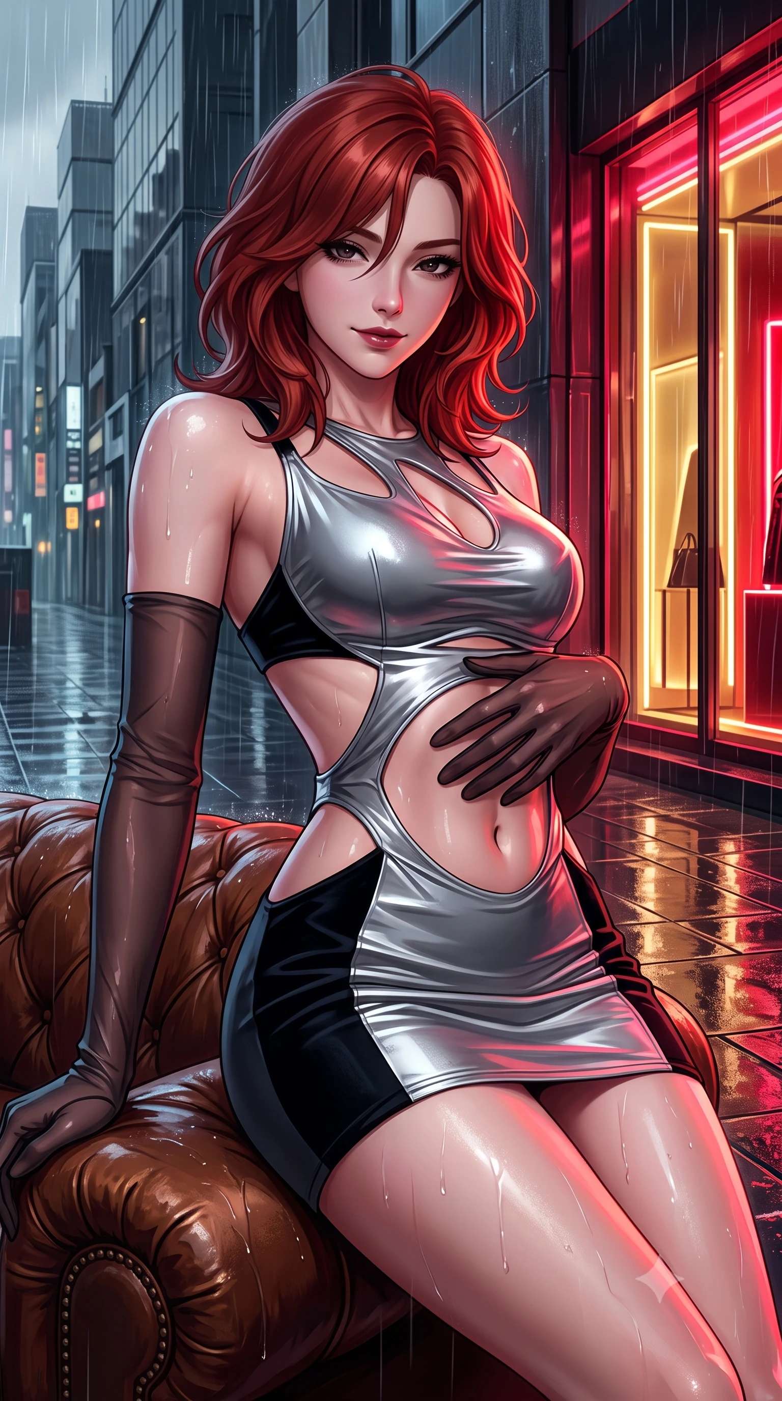 score_9, masterpiece, best quality, ultra-detailed, high-budget anime keyframe, semi-realistic 3D game render, editorial fashion photography, tasteful artistic composition, Korean woman. close-up cowboy shot from the waist and thighs up, the character dominates the composition, filling the frame with her large presence. leaning back against the leather lounge with relaxed seductive grace, one hand resting on her flat midriff as her narrow waist and curvy hips command the frame while pausing beside an illuminated luxury boutique window with hips cocked back, glancing back with an enchanting, dangerous smile through falling rain. The surrounding environment is rendered in vivid detail and crisp panoramic clarity. detailed outfit drape, wet reflections on skin, and Ginza architecture lines in razor-sharp resolution. She has an exceptionally elegant, slender, and willowy female figure with an ultra-slim waist, flat toned midriff, narrow ribcage, and sculpted feminine hips creating an alluring, slim hourglass silhouette without bulk. sharp v-shaped jawline, high-bridge nose, intricate jewel-like dark sparkling eyes with dangerous depth, thick curled eyelashes, glossy parted lips with a rich wine sheen, smoldering seductive half-smile with bedroom-eyes, exuding effortless superiority and intoxicating dark allure, flawlessly proportioned anatomical accuracy, strict slender model proportions, natural body alignment, perfectly sculpted long slender limbs, ultra-slim waistline, clean dynamic posture without body distortion. wearing a cut-out liquid silver mini dress with open-waist architecture emphasizing her hourglass curves in shimmering pewter and noir velvet black, tailored from fine lightweight midnight wool crepe with crisp architectural structure, complemented by sheer dark opera gloves reaching past her elbows, the form-fitting cut adhering flawlessly to her sculpted flat midriff and slender torso, emphasizing her long leg lines and perfectly proportioned willowy build. bathed in intense saturated crimson and warm gold neon underlights contrasting with dark rain-soaked shadow tones. highly saturated vibrant anime colors, detailed shading with soft gradients, rich glossy textures, high-contrast stereoscopic depth, volumetric dynamic lighting, master piece, 9:16 ratio