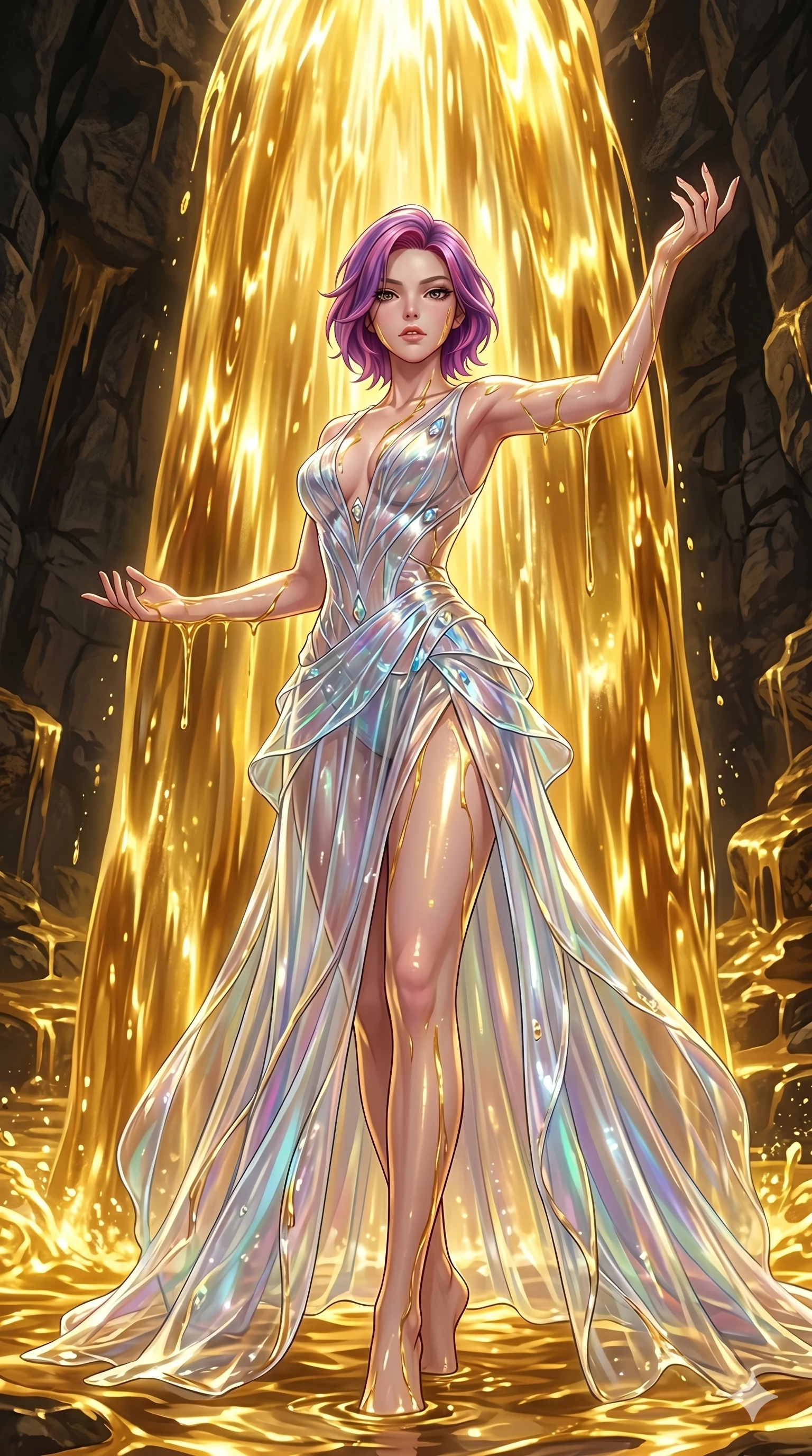 score_9, masterpiece, best quality, ultra-detailed, High-budget Anime Keyframe, East Asian woman. Low angle cowboy shot filling the entire 9:16 frame with her statuesque presence. Scenario 159: Standing under a waterfall of liquid gold, the fluid coating her form. Her presence is magnetic and overpowering in this high-budget anime scene. Outfit 159: A shimmering chiffon sheer with a thigh-high slit and translucent layers. The clothing is designed to emphasize her exceptionally tall and slender 8-heads proportion. 8-heads proportion, towering silhouette, ultra-slim waist. sharp v-shaped jawline, intricate jewel-like eyes with depth, thick eyelashes, glossy lips. 2k, ultra detail, master piece, 9:16 ratio