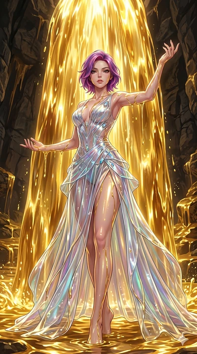 score_9, masterpiece, best quality, ultra-detailed, High-budget Anime Keyframe, East Asian woman. Low angle cowboy shot filling the entire 9:16 frame with her statuesque presence. Scenario 159: Standing under a waterfall of liquid gold, the fluid coa