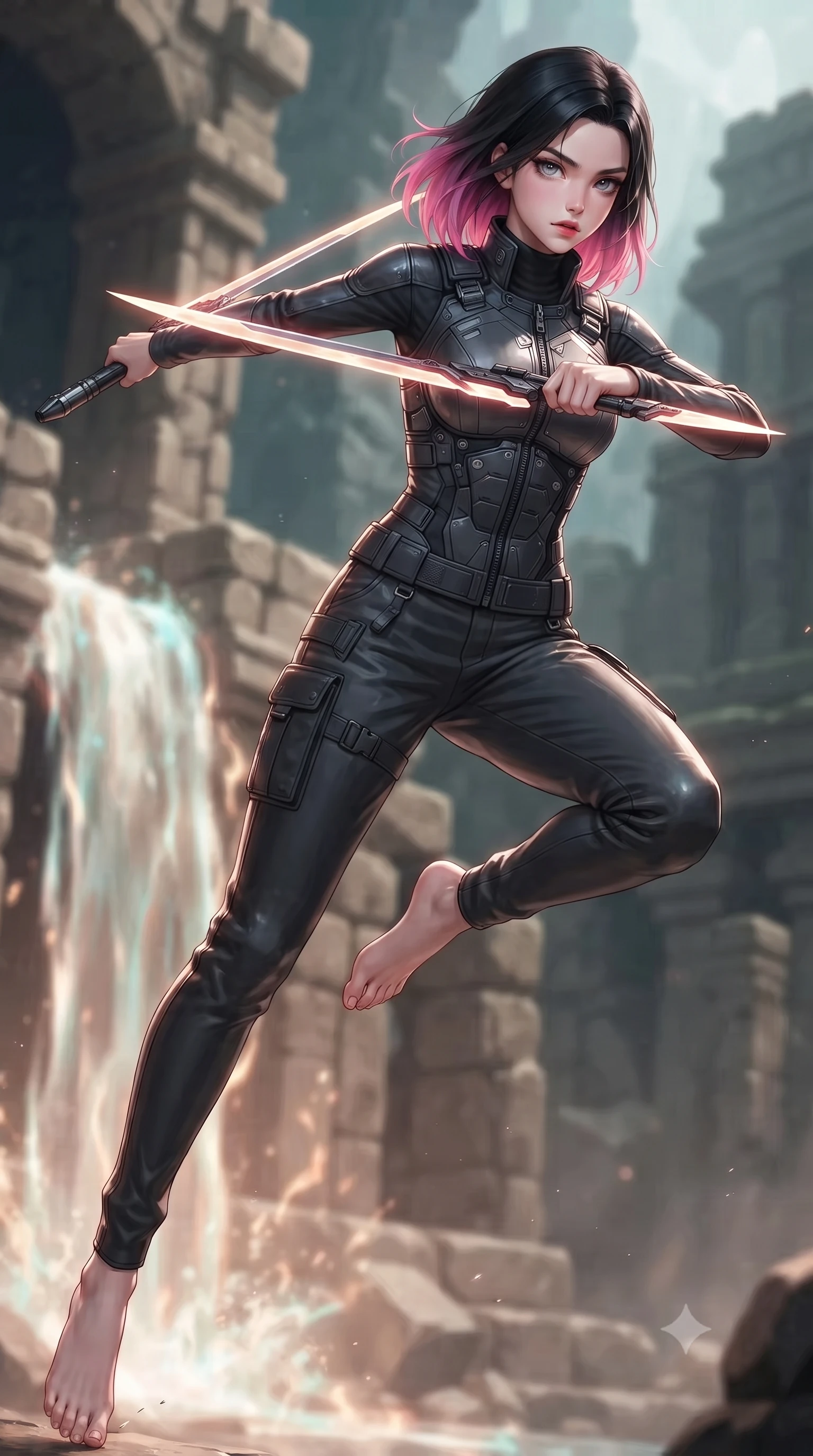 score_9, masterpiece, best quality, ultra-detailed, high-budget anime keyframe, editorial fashion photography, tasteful artistic composition, Korean woman. low angle full-body shot from head to toe showing her feet, filling the entire 9:16 vertical frame with her statuesque presence, stretching her vertical silhouette. leaping forward while slashing with a twin-bladed plasma sword in mid-air, her body-contouring suit showing her athletic silhouette, the background shows a soft-focus ancient stone ruins built next to a cascade of glowing liquid energy. She has an absolutely perfect, statuesque 8.5-heads proportion, an exceptionally tall and slender model-like female figure with impossibly long slender legs and an ultra-slim waist. sharp v-shaped jawline, high-bridge nose, intricate jewel-like eyes with depth, thick eyelashes, glossy lips with a natural sheen. wearing a slim-fit tailored high-collar carbon-plated tactical vest worn over a high-neck protective utility undershirt and reinforced cargo pants. cascades of glowing liquid plasma energy tracing a rim light on her form. ultra-reflective glossy finish, specular highlights, metallic sheen, high-contrast stereoscopic depth, volumetric dynamic lighting, 2k, ultra detail, master piece, 9:16 ratio