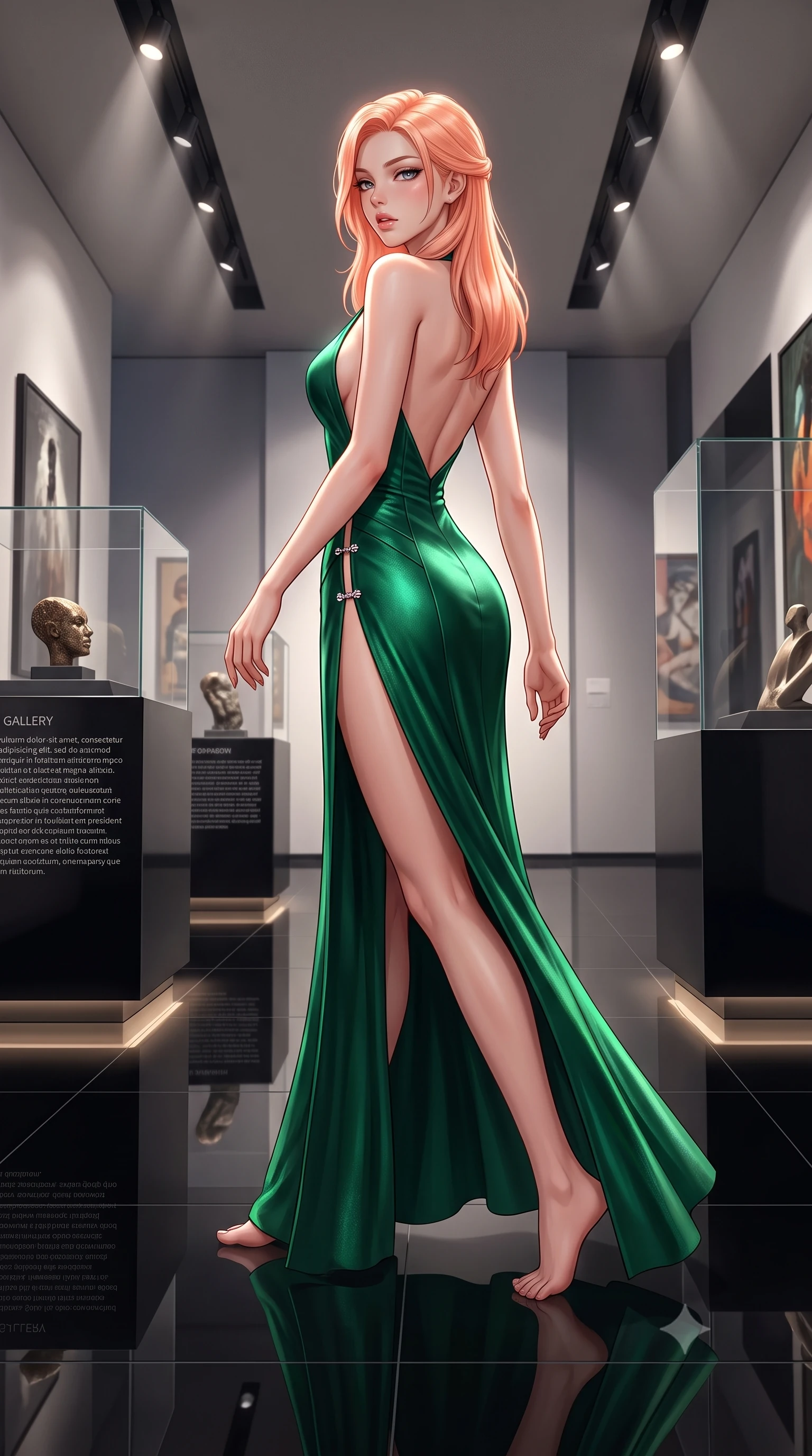 score_9, masterpiece, best quality, ultra-detailed, high-budget anime keyframe, semi-realistic 3D game render, editorial fashion photography, tasteful artistic composition, Japanese woman. low angle full-body shot from head to toe showing her feet, filling the entire 9:16 vertical frame with her statuesque presence, stretching her vertical silhouette. posing with back turned slightly to the lens, glancing back with smoldering allure as she arches her lower back to emphasize her sculpted feminine hips and slender waist while gliding across the high-gloss black epoxy floor with sovereign elegance, glancing over a bare shoulder with parted glossy lips. The surrounding environment is rendered in vivid detail and crisp panoramic clarity. detailed tailored dress seam lines, mirror reflection clarity, and gallery placard typography in high resolution. She has an exceptionally tall and slender model-like 8.5-heads proportion, an ultra-slim waist, a flat toned midriff, narrow delicate ribcage, and beautifully sculpted feminine hips creating a graceful, slim hourglass silhouette without any bulky heaviness, with impossibly long slender legs. sharp v-shaped jawline, high-bridge nose, intricate jewel-like eyes with depth, thick eyelashes, glossy parted lips with a natural sheen, intensely captivating and seductive bedroom-eyes expression, flawlessly proportioned anatomical accuracy, strict slender model proportions, natural body alignment, perfectly sculpted long slender limbs, ultra-slim waistline, clean dynamic posture without body distortion. wearing a plunging-V neckline duchess satin gown with high side slits ascending to the high hip in deep emerald green satin and gold hardware, crafted from luxurious metallic lamé that shifts radiance with every step, finished with an ultra-high side slit secured by miniature jeweled clasps, the form-contouring material adhering flawlessly to her sculpted flat midriff and slender torso, emphasizing her long leg lines and perfectly proportioned willowy build. bathed in precise museum directional spotlights from above and soft floor-level ambient fill. highly saturated vibrant anime colors, detailed shading with soft gradients, rich glossy textures, high-contrast stereoscopic depth, volumetric dynamic lighting, master piece, 9:16 ratio