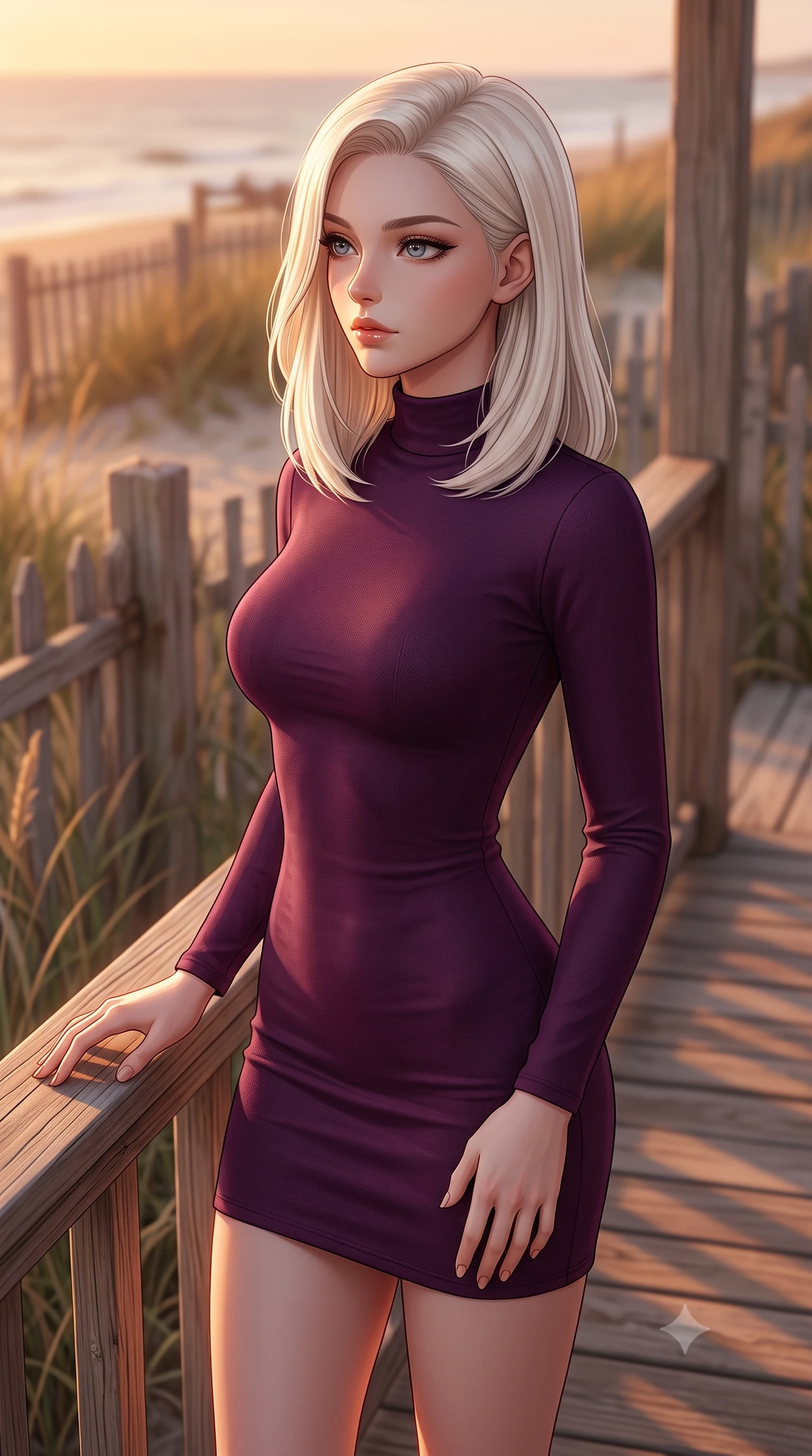 score_9, masterpiece, best quality, ultra-detailed, high-budget anime keyframe, editorial fashion photography, tasteful artistic composition, Caucasian woman woman. close-up cowboy shot from the waist and thighs up, the character dominates the composition, filling the frame with her large presence, background elements kept in soft focus. looking past the camera with a peaceful, thoughtful gaze, enjoying the warm sunlight the background shows a soft-focus a cozy wooden deck of a beachside cottage, surrounded by beachgrass and wooden fences. She has an exceptionally elegant, slender, and willowy female figure with an ultra-slim waist, a gracefully sculpted slender torso, and a refined silhouette. sharp v-shaped jawline, high-bridge nose, intricate jewel-like eyes with depth, thick eyelashes, glossy lips with a natural sheen. wearing a form-contouring body-hugging mock-neck dress in deep plum purple, contouring her slender torso. warm sunset light casting a peaceful, cozy orange wash. 2k, ultra detail, master piece, 9:16 ratio
