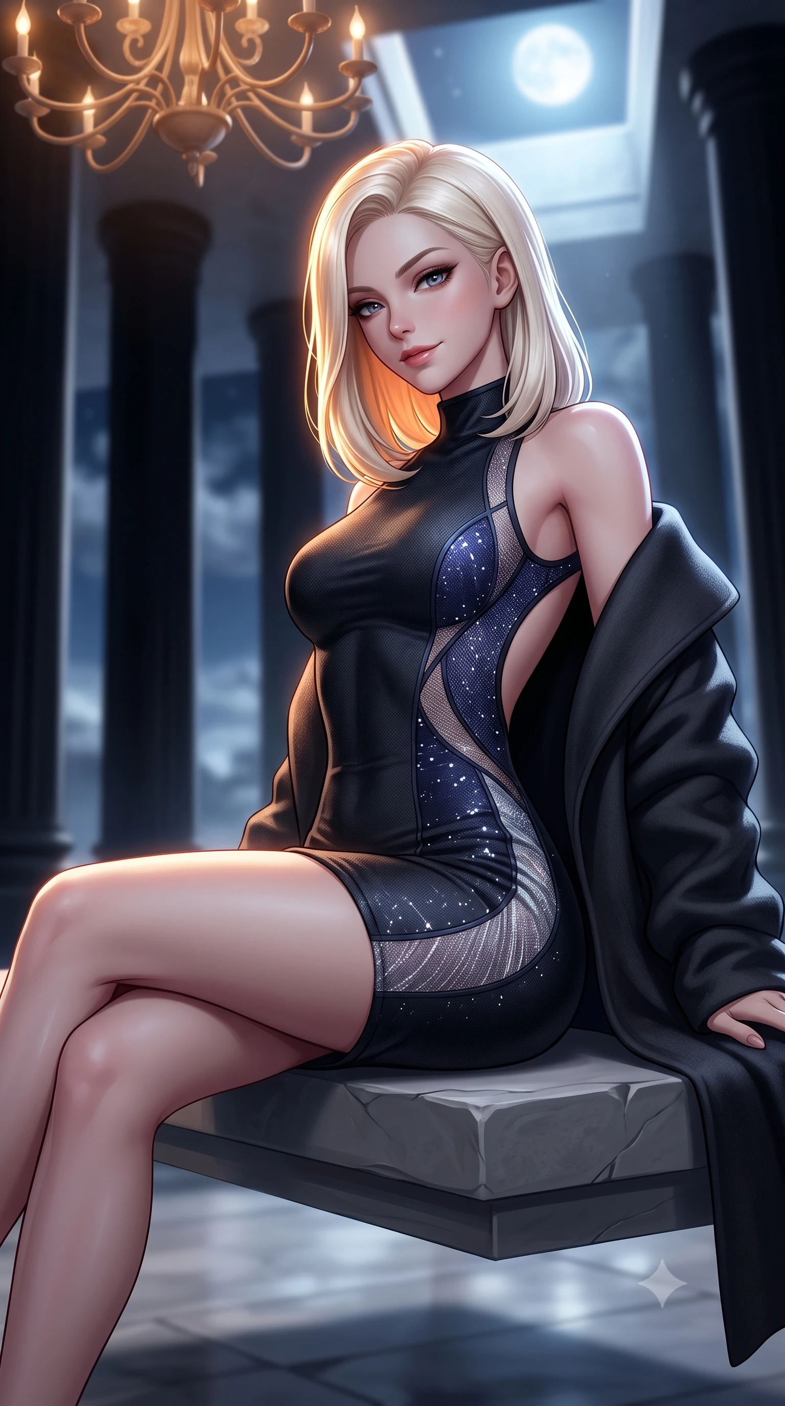 score_9, masterpiece, best quality, ultra-detailed, high-budget anime keyframe, semi-realistic 3D game render, editorial fashion photography, tasteful artistic composition, Caucasian woman. close-up cowboy shot from the waist and thighs up, the character dominates the composition, filling the frame with her large presence. turning slowly with a smoldering smile, her glossy dark hair catching the amber chandelier rim light as her hips angle gracefully in a captivating contrapposto while reclining languidly on a floating stone plinth propped on one elbow, her long slender legs and hourglass curves commanding the frame with dark allure. The composition keeps background elements in soft focus with dreamy creamy bokeh. soaring minimalist black basalt columns and distant open midnight sky with bright full moon blurred into cold platinum, silver, and obsidian bokeh. She has an exceptionally elegant, slender, and willowy female figure with an ultra-slim waist, flat toned midriff, narrow ribcage, and sculpted feminine hips creating an alluring, slim hourglass silhouette without bulk. sharp v-shaped jawline, high-bridge nose, intricate jewel-like dark sparkling eyes with dangerous depth, thick curled eyelashes, glossy parted lips with a rich wine sheen, smoldering seductive half-smile with bedroom-eyes, exuding effortless superiority and intoxicating dark allure, flawlessly proportioned anatomical accuracy, strict slender model proportions, natural body alignment, perfectly sculpted long slender limbs, ultra-slim waistline, clean dynamic posture without body distortion. wearing a high-neck sleeveless bodycon dress in textured matte obsidian with side-torso semi-sheer mesh inserts in midnight indigo and icy platinum, woven from metallic lurex thread casting subtle starlight glints across the fabric, complemented by an oversized dark cashmere coat draped casually over one shoulder, the precision-cut side openings and low-back scoop framing her graceful spine and the sensual sweep of her slim, toned hips. bathed in cold silvery moonlight filtered from a dramatic high skylight opening. highly saturated vibrant anime colors, detailed shading with soft gradients, rich glossy textures, high-contrast stereoscopic depth, volumetric dynamic lighting, master piece, 9:16 ratio