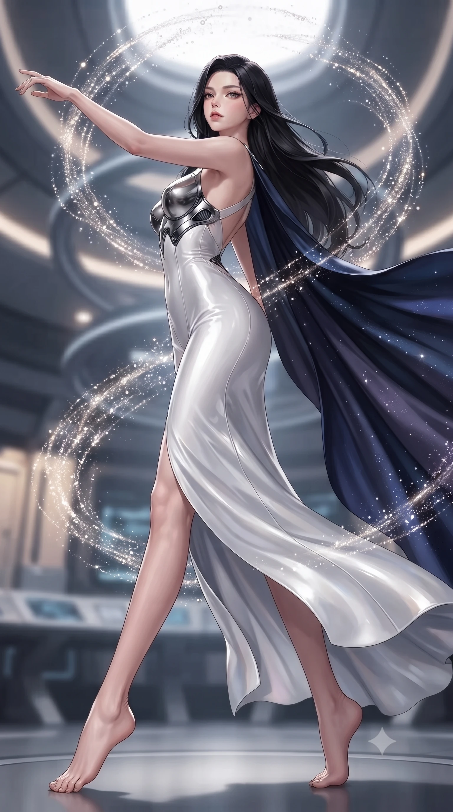 score_9, masterpiece, best quality, ultra-detailed, high-budget anime keyframe, editorial fashion photography, tasteful artistic composition, Korean woman. low angle full-body shot from head to toe showing her feet, filling the entire 9:16 vertical frame with her statuesque presence, stretching her vertical silhouette. pivoting dynamically in mid-motion with a breathtakingly alluring posture, displaying her flawless model proportions, toned flat midriff, and ultra-slim waist while pivoting dynamically in mid-air as cascades of shimmering antimatter particles wrap around her slender figure like a radiant halo. The composition keeps background elements in soft focus with creamy bokeh. rotating magnetic containment rings and starship bridge architecture softened in smooth depth of field. She has an absolutely perfect, statuesque 8.5-heads proportion, an exceptionally tall and slender model-like female figure with impossibly long slender legs, a toned flat midriff, and an ultra-slim waist. sharp v-shaped jawline, high-bridge nose, intricate jewel-like eyes with depth, thick eyelashes, glossy lips with a natural sheen, flawlessly proportioned anatomical accuracy, strict slender model proportions, natural body alignment, perfectly sculpted long slender limbs, ultra-slim waistline, clean dynamic posture without body distortion. wearing a form-contouring white liquid-mercury gown with polished silver biomechanical breastplate and flowing luminescent chiffon cape in deep midnight navy blue and pure starlight chrome, made of smooth flowing silk chiffon that shifts colors with movement, complemented by criss-cross back straps highlighting her completely bare spine, the liquid-tight tailored fabric emphasizing every curve of her tall, slender model proportions and sculptured silhouette during dynamic movement. surrounded by an awe-inspiring, divine, and radiantly transcendent machine-muse sovereignty aura. ultra-reflective glossy finish, specular highlights, dark metallic sheen, high-contrast stereoscopic depth, volumetric dynamic lighting, 2k, ultra detail, master piece, 9:16 ratio