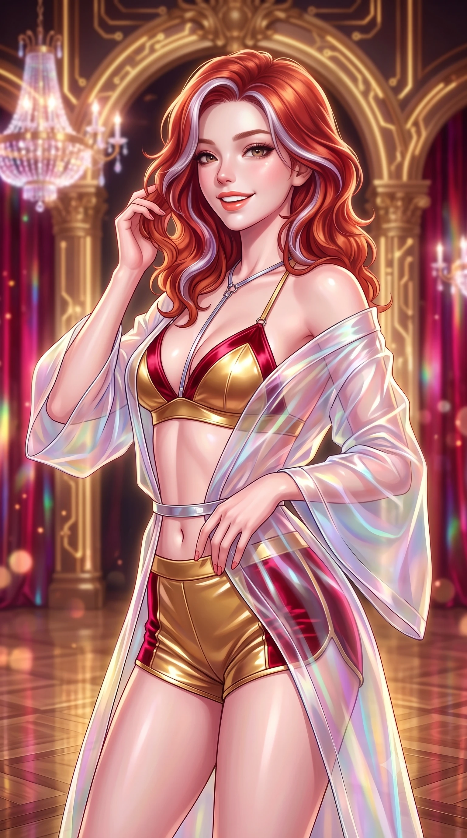 score_9, masterpiece, best quality, ultra-detailed, high-budget anime keyframe, semi-realistic 3D game render, editorial fashion photography, tasteful artistic composition, Caucasian woman. close-up cowboy shot from the waist and thighs up, the character dominates the composition, filling the frame with her large presence. gently brushing a lock of hair behind her ear while casting a playful, flirtatious side-gaze with long eyelashes while standing poised at the center of the gilded cyber-baroque opera stage beneath levitating plasma chandeliers, arching her lower back with sovereign diva charisma. The background shows a soft-focus levitating crystal plasma chandelier, soaring gilded baroque arches interlaced with pulsing gold circuits, and holographic crimson curtains blurred into ruby, gold, and champagne bokeh. She has an exceptionally elegant, slender, and willowy female figure with an ultra-slim waist, flat toned midriff, narrow ribcage, and sculpted feminine hips creating an alluring, slim hourglass silhouette without bulk. sharp v-shaped jawline, high-bridge nose, intricate jewel-like sparkling eyes with depth, thick eyelashes, glossy parted lips with a natural peach sheen, bright cheerful beaming smile with an enchanting and coquettish sensual glint, exuding both youthful cute charm and seductive allure, flawlessly proportioned anatomical accuracy, strict slender model proportions, natural body alignment, perfectly sculpted long slender limbs, ultra-slim waistline, clean dynamic posture without body distortion. wearing a translucent iridescent organza kimono robe slipping off bare shoulders over a matching satin micro-bralette and shorts in Cyber-Baroque gilded gold and royal crimson velvet, tailored from high-gloss patent leather with mirror-like specular highlights, accented with a chrome-drop body harness subtly framing her dewy collarbones and spine, the precision-cut side openings and low-back scoop framing her graceful spine and the sensual sweep of her slim, toned hips. illuminated by polished parquet reflection bounce and sharp gold-plasma rim lights sculpting her jawline, narrow waist, and curvy hips. highly saturated vibrant anime colors, detailed shading with soft gradients, rich glossy textures, high-contrast stereoscopic depth, volumetric dynamic lighting, master piece, 9:16 ratio