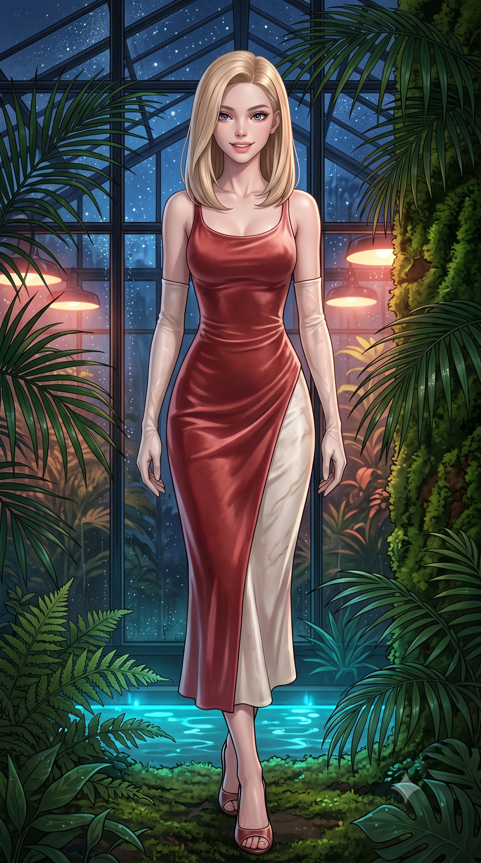 score_9, masterpiece, best quality, ultra-detailed, high-budget anime keyframe, editorial fashion photography, tasteful artistic composition, Korean woman. low angle full-body shot from head to toe showing her feet, filling the entire 9:16 vertical frame with her statuesque presence, stretching her vertical silhouette. stepping slowly toward the camera with hypnotic grace, hips swaying in an alluring sensual rhythm that accentuates her curvy hourglass silhouette and long slender legs while leaning against the lush vertical moss wall with hips cocked back, looking through dewy tropical palms with heavy-lidded bedroom-eyes. The surrounding environment is rendered in vivid detail and crisp panoramic clarity: sharp black iron greenhouse frame mullions, exotic fern frond veins, and water droplet condensation beads on glass in deep focus. She has an exceptionally tall and slender model-like 8.5-heads proportion, an ultra-slim waist, a flat toned midriff, narrow delicate ribcage, and beautifully sculpted feminine hips creating a graceful, slim hourglass silhouette without any bulky heaviness, with impossibly long slender legs. sharp v-shaped jawline, high-bridge nose, intricate jewel-like sparkling eyes with depth, thick eyelashes, glossy parted lips with a natural peach sheen, bright cheerful beaming smile with an enchanting and coquettish sensual glint, exuding both youthful cute charm and seductive allure, flawlessly proportioned anatomical accuracy, strict slender model proportions, natural body alignment, perfectly sculpted long slender limbs, ultra-slim waistline, clean dynamic posture without body distortion. wearing a glove-like stretch modal tank dress adhering tightly to her flat midriff and feminine hips in Cordoba vermilion red and ivory alabaster marble, tailored from ultra-plush silk velvet with rich tactile depth and deep shadow gradients, complemented by sheer opera-length evening gloves tracing her slender arms, the impeccably tailored cut draping gracefully along her slender figure with aristocratic poise. bathed in warm 2600K botanical grow lamps combined with turquoise underwater pool LEDs and clear Arctic starlight through glass. ultra-reflective glossy finish, specular highlights, rich textural contrasts, high-contrast stereoscopic depth, volumetric dynamic lighting, 2k, ultra detail, master piece, 9:16 ratio