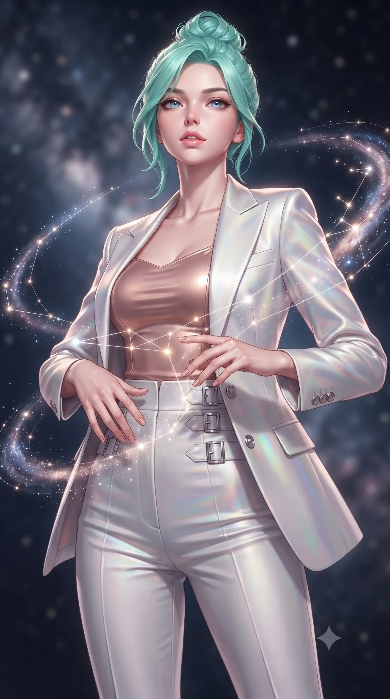 score_9, masterpiece, best quality, ultra-detailed, high-budget anime keyframe, editorial fashion photography, tasteful artistic composition, Japanese woman. close-up cowboy shot from the waist and thighs up, the character dominates the composition, filling the frame with her large presence, background elements kept in soft focus. Tilting her chin up slightly with lips parted in a magnetic, composed expression navigating a constellation map woven from starlight threads, swirling galaxy dust creating luminous arcs in the air. She has an exceptionally elegant, slender, and willowy female figure with an ultra-slim waist, a gracefully sculpted slender torso, and a refined silhouette. sharp v-shaped jawline, high-bridge nose, intricate jewel-like eyes with depth, thick eyelashes, glossy lips with a natural sheen. wearing a tailored silk blazer over a form-contouring top and fitted slacks in pearl white and rose gold, crafted from iridescent chiffon that shifts colors in the light, detailed with polished silver buckles along the waistline, the sleek second-skin texture accentuating her magnetic presence. surrounded by a glowing aura of starlight and shimmering celestial rays. ultra-reflective glossy finish, specular highlights, metallic sheen, high-contrast stereoscopic depth, volumetric dynamic lighting, 2k, ultra detail, master piece, 9:16 ratio