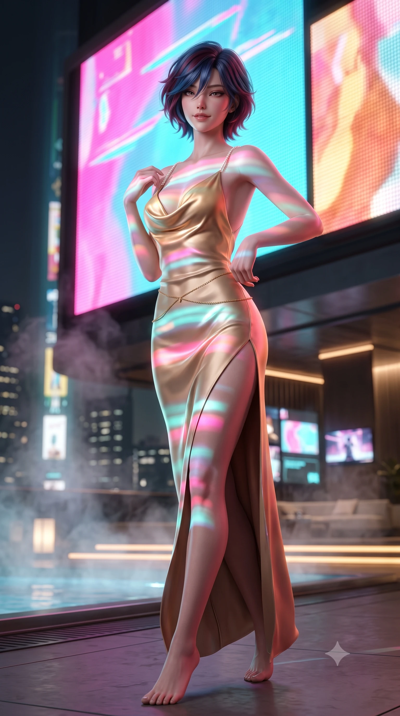 score_9, masterpiece, best quality, ultra-detailed, high-budget anime keyframe, semi-realistic 3D game render, editorial fashion photography, tasteful artistic composition, Korean woman. low angle full-body shot from head to toe showing her feet, filling the entire 9:16 vertical frame with her statuesque presence, stretching her vertical silhouette. walking along the terrace with poise, looking back over her bare shoulder with an irresistible smoldering bedroom-gaze while twisting her slender torso in an alluring contrapposto stance, giant advertising screen video projections painting vibrant colors across her curves. The background shows a soft-focus rising thermal water vapor softened in cinematic cyberpunk luxury shallow focus. She has an absolutely perfect, statuesque 8.5-heads proportion, an exceptionally tall and slender model-like female figure with impossibly long slender legs, an ultra-slim waist, a flat toned midriff, narrow delicate ribcage, and beautifully sculpted feminine hips creating a graceful, slim hourglass silhouette without any bulky heaviness. sharp v-shaped jawline, high-bridge nose, sparkling eyes with hypnotic seductive depth, thick curled eyelashes, glossy parted lips with a natural dewy peach sheen, alluring bedroom-eyes with an enchanting coquettish smile, exuding magnetic siren charisma and sophisticated glamour, flawlessly proportioned anatomical accuracy, strict slender model proportions, natural body alignment, perfectly sculpted long slender limbs, ultra-slim waistline, clean dynamic posture without body distortion. wearing a plunging cowl-neck liquid silk satin slip gown with daring hip-high slit and delicate pearl spaghetti straps in desert gold and shimmering sand dune champagne, crafted from fluid liquid silk satin that clings smoothly to every curve with a dewy sheen, accented with a dainty gold belly chain resting across her flat midriff and curving hips, the form-contouring silhouette accentuating her sculpted flat midriff, narrow delicate ribcage, and gracefully curvy hips with intoxicating allure. bathed in dynamic shifting saturated neon pink, cyan, and amber light projected horizontally from monumental electronic billboards. highly saturated vibrant anime colors, detailed shading with soft gradients, rich glossy textures, high-contrast stereoscopic depth, volumetric dynamic lighting, master piece, 9:16 ratio