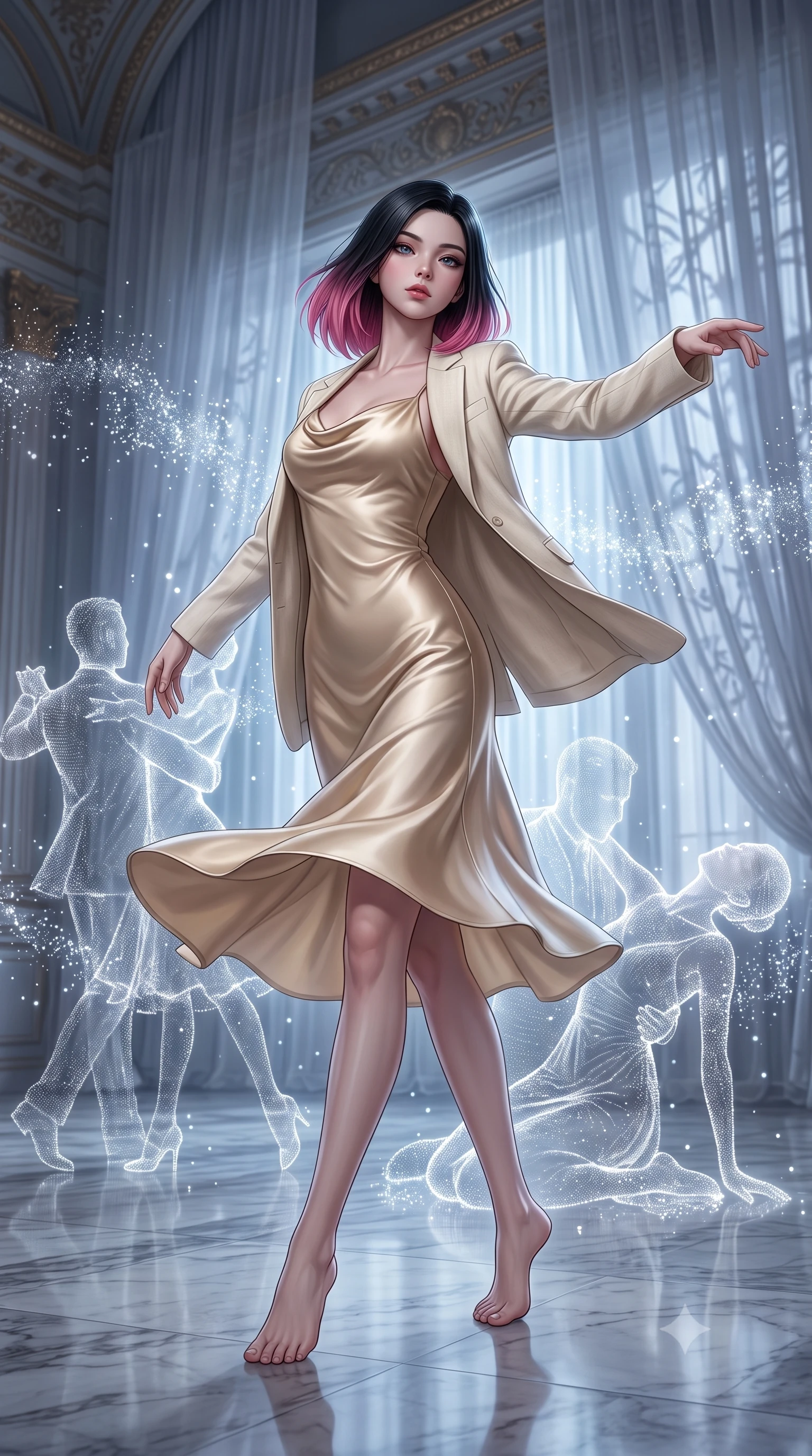 score_9, masterpiece, best quality, ultra-detailed, high-budget anime keyframe, editorial fashion photography, tasteful artistic composition, Korean woman. low angle full-body shot from head to toe showing her feet, filling the entire 9:16 vertical frame with her statuesque presence, stretching her vertical silhouette. dancing with weightless grace through a grand ballroom where quantum particles appear and disappear in probability clouds ghostly translucent waltz partners materializing and dissolving with each observation wave functions collapsing into brief moments of beauty. She has a statuesque 8.5-heads proportion, an exceptionally tall, slender and willowy model-like build with impossibly long legs and a highly sculpted ultra-slim waist. sharp v-shaped jawline, high-bridge nose, intricate jewel-like eyes with depth, thick eyelashes, glossy lips with a natural sheen. wearing a champagne gold cowl-neck satin slip dress that drapes and clings to her slender figure, layered with a cream linen blazer. cold silver moonlight filtered through translucent gossamer curtains casting delicate shadows. 2k, ultra detail, master piece, 9:16 ratio