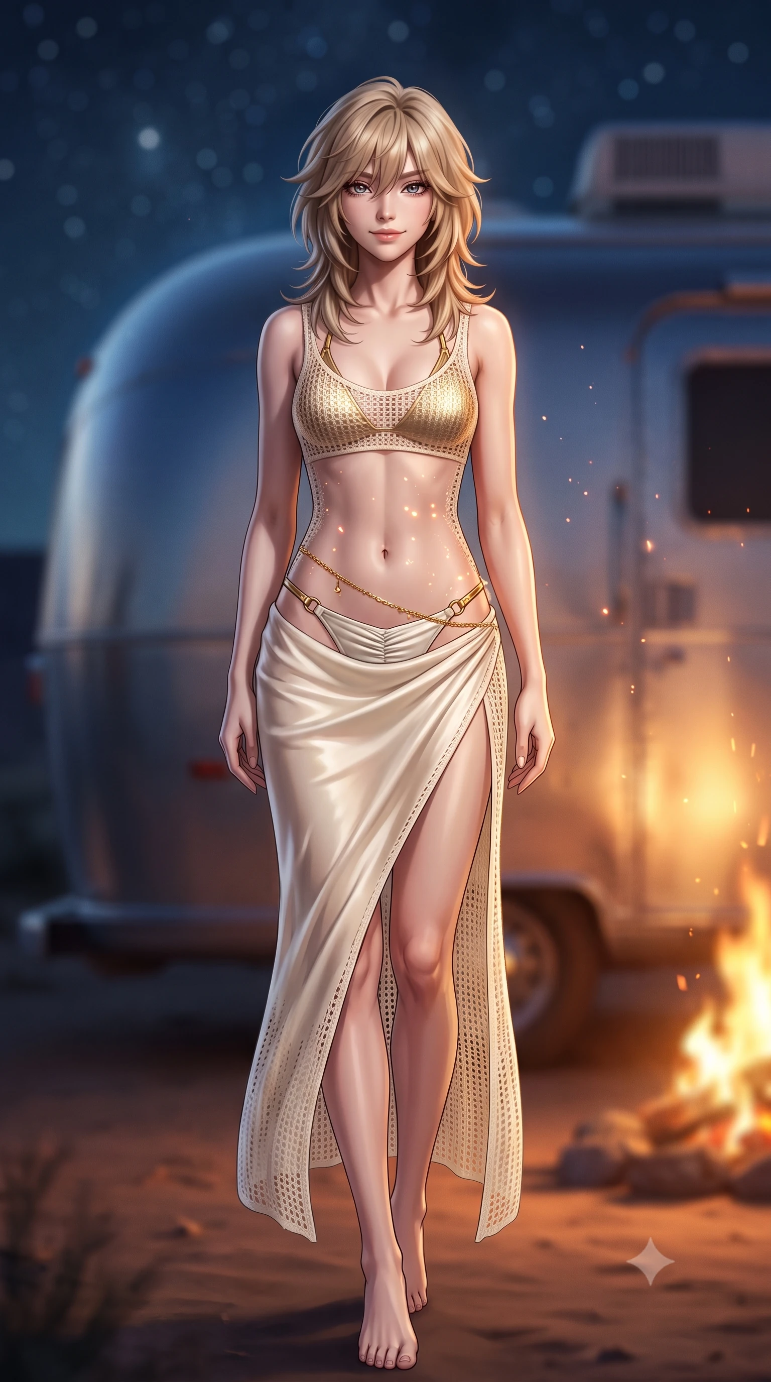 score_9, masterpiece, best quality, ultra-detailed, high-budget anime keyframe, semi-realistic 3D game render, editorial fashion photography, tasteful artistic composition, Japanese woman. low angle full-body shot from head to toe showing her feet, filling the entire 9:16 vertical frame with her statuesque presence, stretching her vertical silhouette. stepping slowly toward the camera with hypnotic grace, hips swaying in an alluring sensual rhythm that accentuates her curvy hourglass silhouette and long slender legs while twisting her slender torso in an alluring S-curve, dancing campfire embers and starlight tracing her narrow waist, midriff, and hips. The background shows a soft-focus curved aluminum trailer reflections softened in magical desert night shallow focus. She has an absolutely perfect, statuesque 8.5-heads proportion, an exceptionally tall and slender model-like female figure with impossibly long slender legs, an ultra-slim waist, a flat toned midriff, narrow delicate ribcage, and beautifully sculpted feminine hips creating a graceful, slim hourglass silhouette without any bulky heaviness. sharp v-shaped jawline, high-bridge nose, sparkling eyes with hypnotic seductive depth, thick curled eyelashes, glossy parted lips with a natural dewy peach sheen, alluring bedroom-eyes with an enchanting coquettish smile, exuding magnetic siren charisma and sophisticated glamour, flawlessly proportioned anatomical accuracy, strict slender model proportions, natural body alignment, perfectly sculpted long slender limbs, ultra-slim waistline, clean dynamic posture without body distortion. wearing a delicate semi-sheer crochet knit beach slip dress worn over a metallic micro-bralette and ruched bikini briefs in high-contrast coastal monochrome with gold hardware, crafted from fluid liquid silk satin that clings smoothly to every curve with a dewy sheen, accented with a dainty gold belly chain resting across her flat midriff and curving hips, the high-slit wrap tailoring accentuating her ultra-slim waistline and the enchanting curve of her feminine hips with alluring seductive charm. bathed in the flickering warm orange glow of the campfire combined with cool celestial starlight fill. highly saturated vibrant anime colors, detailed shading with soft gradients, rich glossy textures, high-contrast stereoscopic depth, volumetric dynamic lighting, master piece, 9:16 ratio