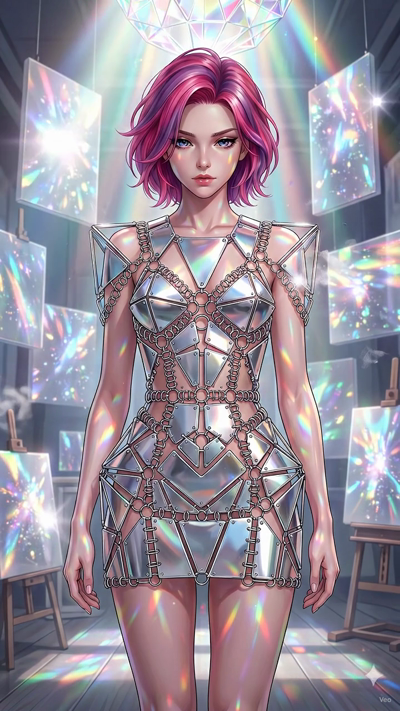 A high-budget anime film style video. Bright volumetric light beams stream through hanging crystals, refracting into dynamic, rotating rainbow flares that sweep across the frame. Shimmering dust motes float through the illuminated beams. The camera m