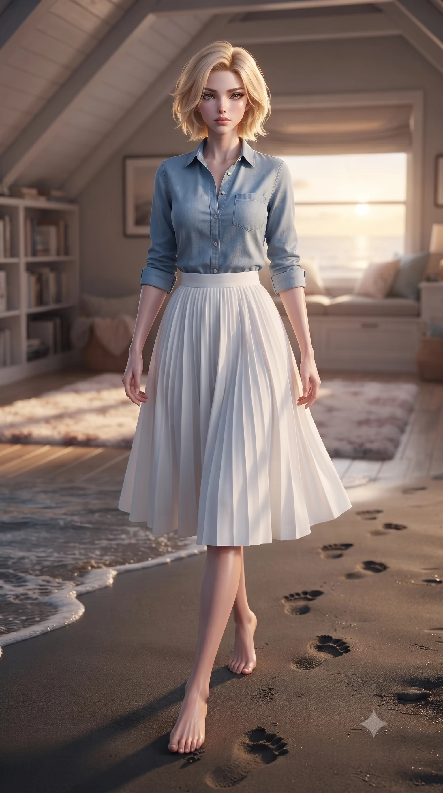 score_9, masterpiece, best quality, ultra-detailed, high-budget anime keyframe, editorial fashion photography, tasteful artistic composition, Caucasian woman woman. low angle full-body shot from head to toe showing her feet, filling the entire 9:16 vertical frame with her statuesque presence, stretching her vertical silhouette. walking slowly along the shoreline, leaving footprints in the wet sand the background shows a soft-focus a quiet attic room with bookshelves lining the walls, a soft rug, and a window seat. She has an absolutely perfect, statuesque 8.5-heads proportion, an exceptionally tall and slender model-like female figure with impossibly long slender legs and an ultra-slim waist. sharp v-shaped jawline, high-bridge nose, intricate jewel-like eyes with depth, thick eyelashes, glossy lips with a natural sheen. wearing a form-contouring comfortable light blue chambray shirt tucked into a white pleated midi skirt. soft golden afternoon light filtering through the window, casting long shadow patterns. ultra-reflective glossy finish, specular highlights, metallic sheen, high-contrast stereoscopic depth, volumetric dynamic lighting, 2k, ultra detail, master piece, 9:16 ratio