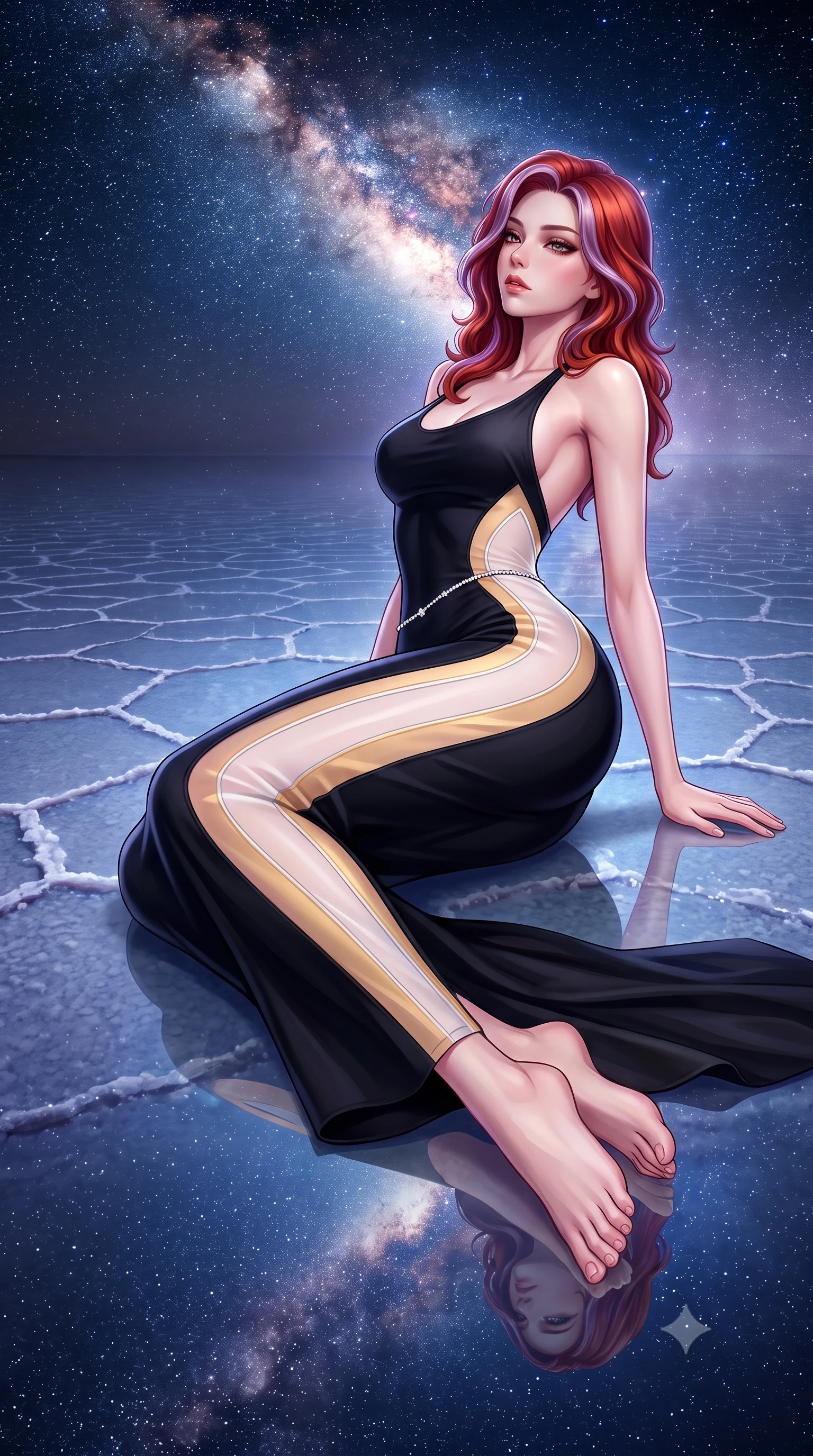 score_9, masterpiece, best quality, ultra-detailed, high-budget anime keyframe, semi-realistic 3D game render, editorial fashion photography, tasteful artistic composition, Caucasian woman. low angle full-body shot from head to toe showing her feet, filling the entire 9:16 vertical frame with her statuesque presence, stretching her vertical silhouette. reclining on her side in an elegant Cleopatra pose with one knee drawn up, the dramatic contour of her rounded hips and long slender legs commanding the 9:16 vertical frame while leaning back with relaxed seductive grace, her sculpted collarbones and narrow waist highlighted as she casts smoldering bedroom-eyes into the cosmic void. The surrounding environment is rendered in vivid detail and crisp panoramic clarity. sharp water surface mirror reflections, hexagonal salt crust polygons beneath water, and starlight points in deep focus. She has an exceptionally tall and slender model-like 8.5-heads proportion, an ultra-slim waist, a flat toned midriff, narrow delicate ribcage, and beautifully sculpted feminine hips creating a graceful, slim hourglass silhouette without any bulky heaviness, with impossibly long slender legs. sharp v-shaped jawline, high-bridge nose, intricate jewel-like eyes with depth, thick eyelashes, glossy parted lips with a natural sheen, intensely captivating and seductive bedroom-eyes expression, flawlessly proportioned anatomical accuracy, strict slender model proportions, natural body alignment, perfectly sculpted long slender limbs, ultra-slim waistline, clean dynamic posture without body distortion. wearing a second-skin black silk jersey maxi dress with asymmetrical sheer mesh side panels tracing the full curve of her hip in pure alabaster white and sun-kissed gold, tailored from water-resistant treated wool gabardine and flexible stretch silk, accented with a dainty diamond waist chain catching the ambient light reflections, the precision-cut side openings and low-back scoop framing her graceful spine and the sensual sweep of her slim, toned hips. bathed in ethereal 360-degree cosmic starlight and glowing Milky Way galactic glow reflecting from below and above. highly saturated vibrant anime colors, detailed shading with soft gradients, rich glossy textures, high-contrast stereoscopic depth, volumetric dynamic lighting, master piece, 9:16 ratio