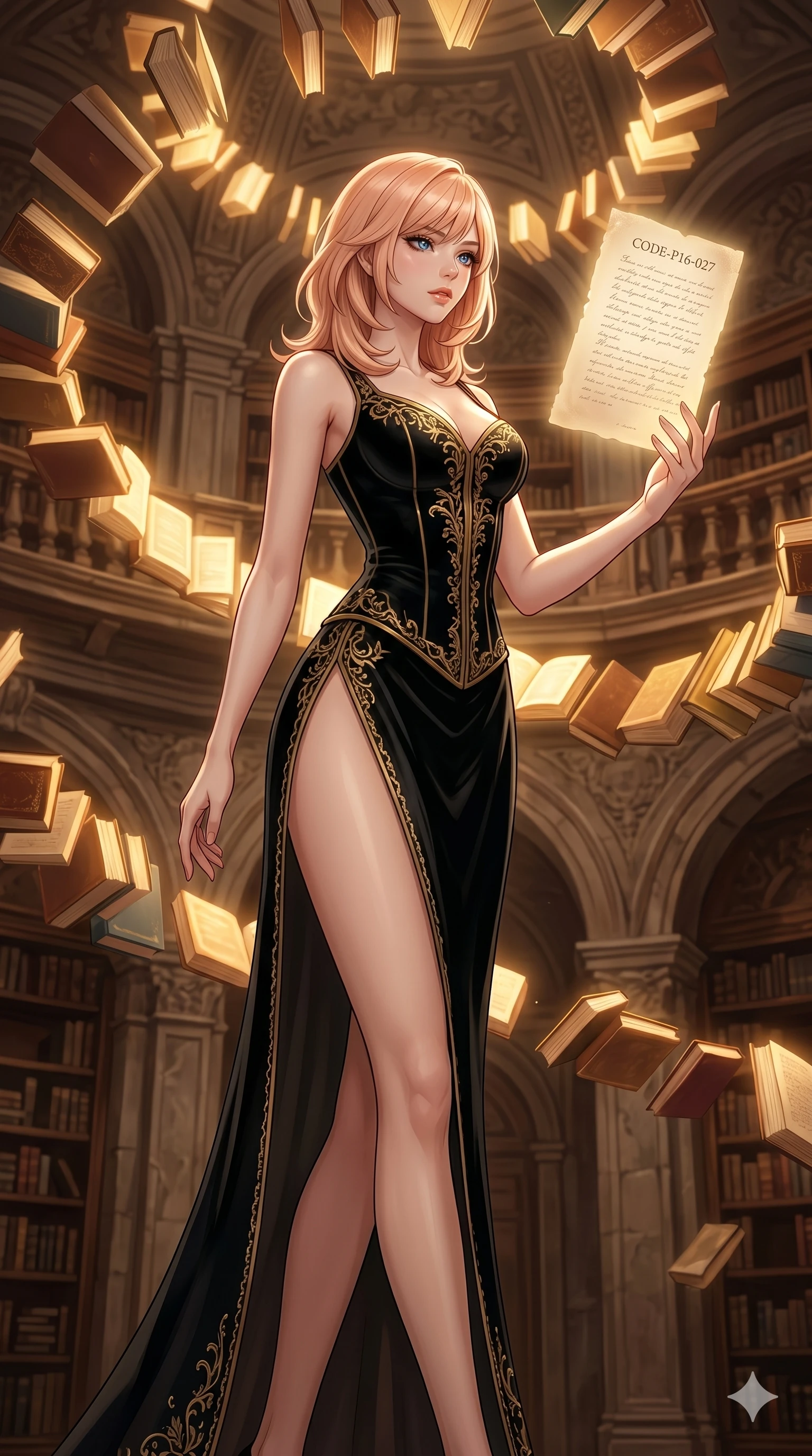 score_9, masterpiece, best quality, ultra-detailed, high-budget anime keyframe, editorial fashion photography, tasteful artistic composition, Japanese woman. cowboy shot from the thighs up, character and outfit filling the frame for maximum editorial presence. gazing at a floating glowing manuscript, her expression composed, intelligent and powerful in a grand baroque library where books float in a slow spiral (Code-P16-027). She has an absolutely perfect 8-heads proportion, an exceptionally tall and slender female figure with impossibly long slender legs and an ultra-slim waist. V-shaped jawline, high-bridge nose, intricate jewel-like eyes with depth, thick eyelashes, glossy lips with a natural sheen. wearing a structured black velvet corset dress with gold embroidery and a high side slit to mid-thigh. warm golden light emanating from the floating books, casting rich shadows on her face. 2k, ultra detail, master piece, 9:16 ratio