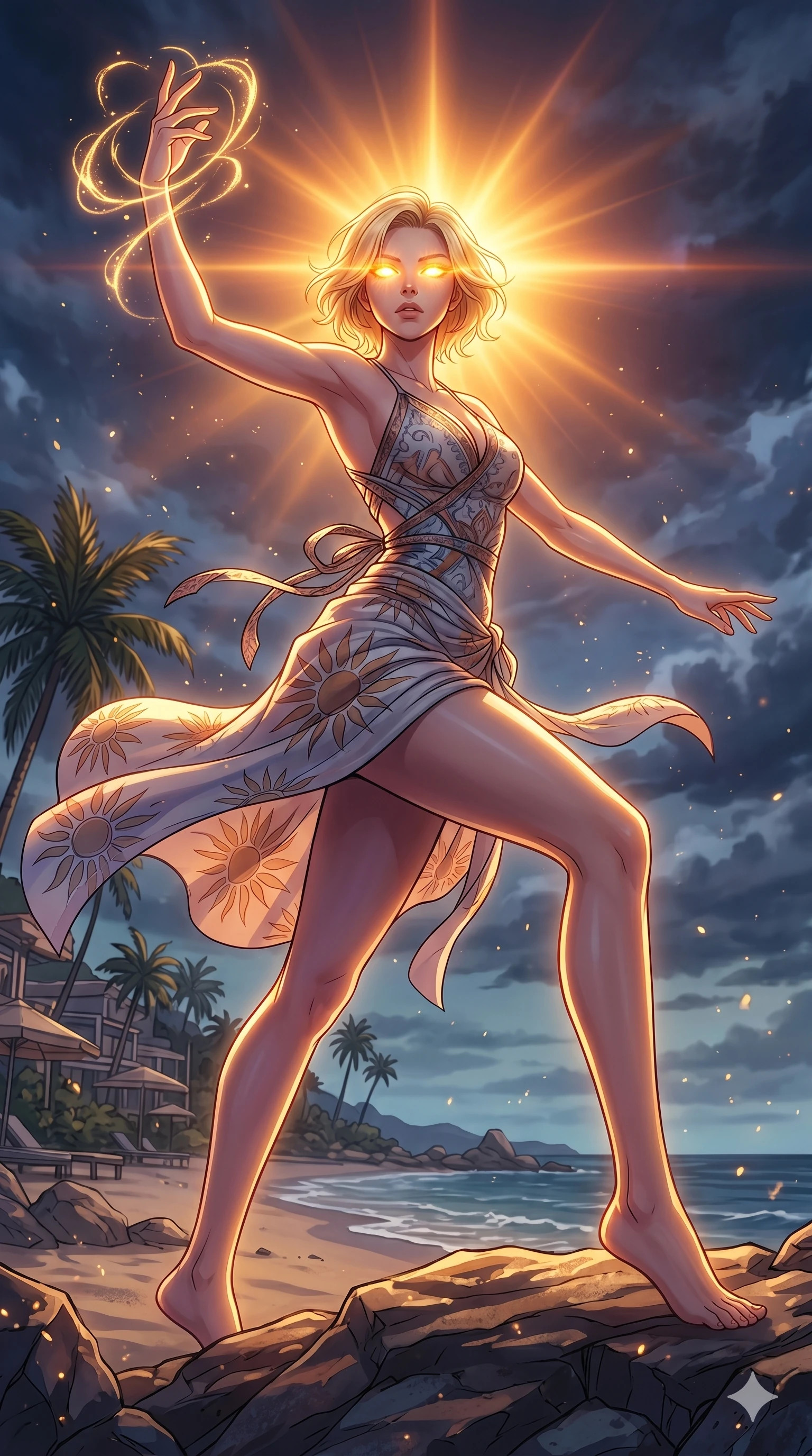 score_9, masterpiece, best quality, ultra-detailed, high-budget anime movie keyframe, cinematic anime lighting, intricate line art, Caucasian (strictly human ears) woman. Dynamic full-body shot stretching the vertical silhouette with extreme perspective. casting a spell that makes her eyes glow with the light of a sun. She has an absolutely perfect 8-heads proportion, an exceptionally tall and slender female figure with graceful and slender proportions. strictly human anatomy, two legs only, no extra limbs, clearly defined legs and arms, perfect anatomy, perfect hands and fingers. sharp v-shaped jawline, high-bridge nose, intricate jewel-like eyes, thick eyelashes, glossy lips. Wearing Seasonal/Resort: Elegant one-piece with sarong, linen sundress with tie-back, and light fabric wrap. The scene is illuminated by dramatic atmospheric lighting and vibrant color palettes. , 2k, ultra detail, master piece, 9:16 ratio