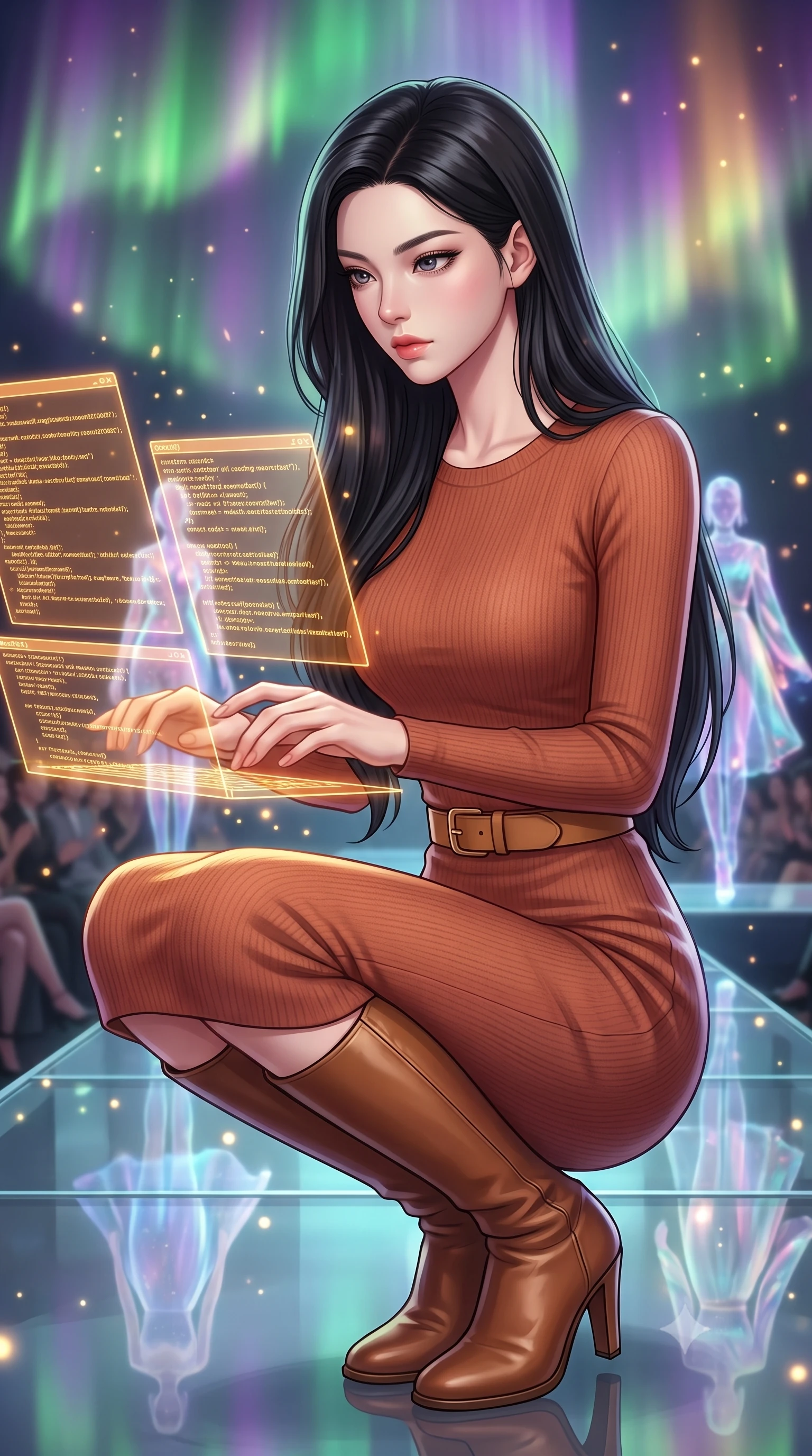 score_9, masterpiece, best quality, ultra-detailed, high-budget anime keyframe, editorial fashion photography, tasteful artistic composition, Korean woman. close-up cowboy shot from the waist and thighs up, the character dominates the composition, filling the frame with her large presence, background elements kept in soft focus. Hacking a security terminal in a low crouch, fingers moving in a blur as amber code screens surround her. set against a soft-focus background of a fashion show stage made of glass, reflecting holographic clothes worn by models, the audience in soft focus. She has an exceptionally elegant and slender, willowy female figure with an ultra-slim waist, a gracefully sculpted slender torso, and a refined slim physique. sharp v-shaped jawline, high-bridge nose, intricate jewel-like eyes with depth, thick eyelashes, glossy lips with a natural sheen. wearing catching and diffusing the glowing particles, shimmering softly in response to the surrounding light, a slim-fit long-sleeve knit midi dress in a warm terracotta tone, styled with a tan leather belt and knee-high brown boots. highly saturated vibrant anime colors, intense vivid color palette, soft 3D volumetric shading, volumetric dynamic lighting, illuminated by a shifting aurora palette of green violet and gold from above. 2k, ultra detail, master piece, 9:16 ratio