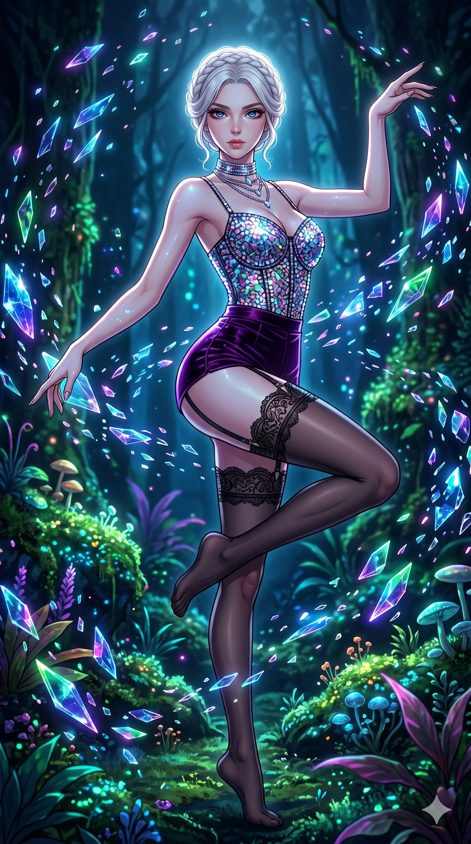 score_9, masterpiece, best quality, ultra-detailed, high-budget anime movie keyframe, cinematic anime lighting, intricate line art, Japanese woman. Low angle cowboy shot filling the entire 9:16 frame with her statuesque presence. dancing with data-shards in a bioluminescent rainforest surrounded by floating data-shards. She has an absolutely perfect 8-heads proportion, an exceptionally tall and slender female figure with an ultra-slim waist and impossibly long slender legs. sharp v-shaped jawline, high-bridge nose, intricate jewel-like eyes, thick eyelashes, glossy lips. Wearing luxurious K-pop idol stage outfit featuring a sparkling sequined corset, high-cut velvet shorts, and sheer silk stockings with garter belts, accessorized with crystal chokers. The scene is illuminated by dramatic atmospheric lighting and vibrant color palettes. , 2k, ultra detail, master piece, 9:16 ratio