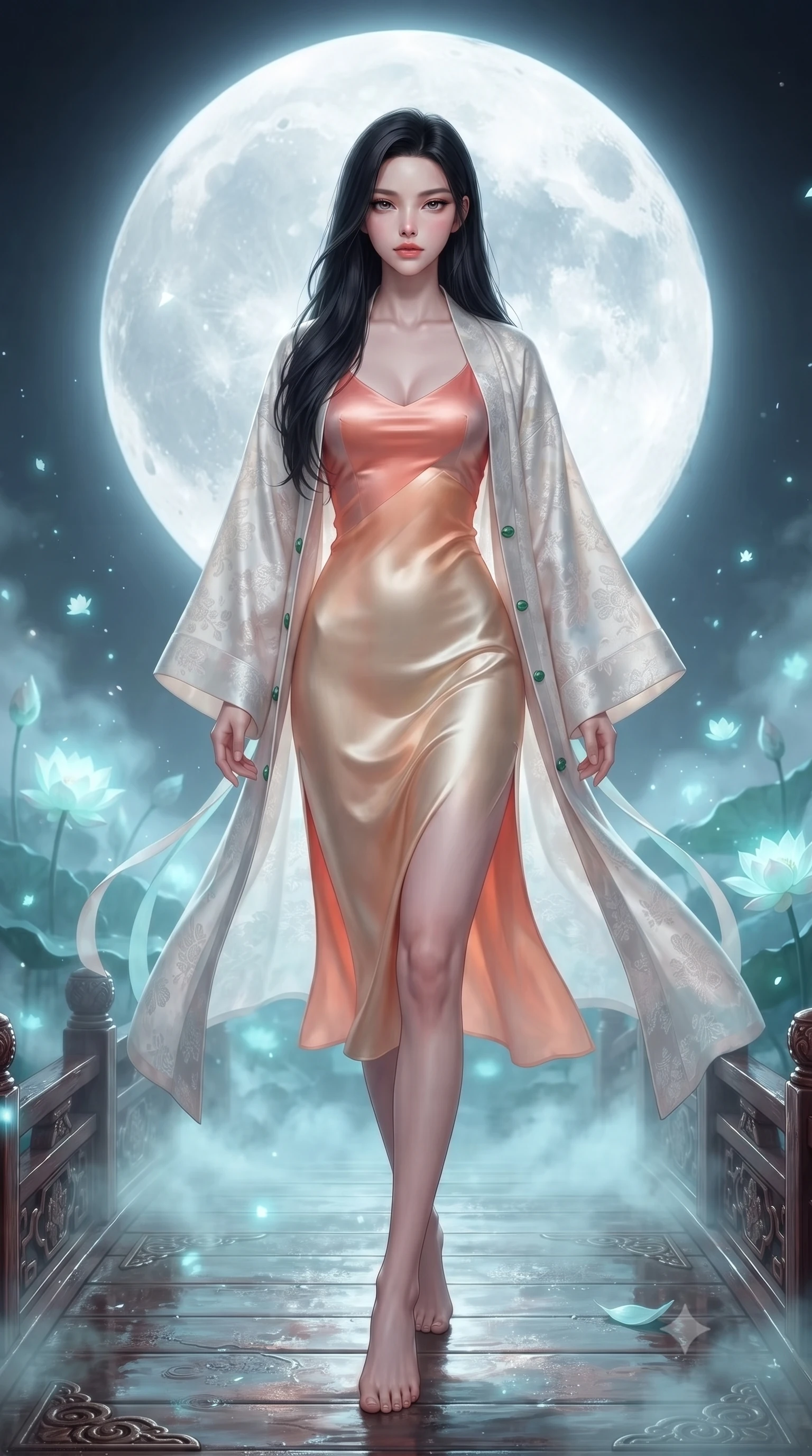 score_9, masterpiece, best quality, ultra-detailed, high-budget anime keyframe, editorial fashion photography, tasteful artistic composition, Korean woman. low angle full-body shot from head to toe showing her feet, filling the entire 9:16 vertical frame with her statuesque presence, stretching her vertical silhouette. stepping forward gracefully in mid-motion, displaying her toned flat midriff and flawlessly sculpted slender limbs while standing poised on an ornate lacquered wooden bridge over a mist-covered lotus pond beneath a colossal glowing full moon. The composition keeps background elements in soft focus with creamy bokeh. shimmering lunar light reflections and floating lotus pollen scattering celestial glowing light motes. She has an absolutely perfect, statuesque 8.5-heads proportion, an exceptionally tall and slender model-like female figure with impossibly long slender legs, a toned flat midriff, and an ultra-slim waist. sharp v-shaped jawline, high-bridge nose, intricate jewel-like eyes with depth, thick eyelashes, glossy lips with a natural sheen, captivating and magnetic expression, flawlessly proportioned anatomical accuracy, strict slender model proportions, natural body alignment, perfectly sculpted long slender limbs, ultra-slim waistline, clean dynamic posture without body distortion. wearing an ethereal moon-goddess gossamer robe worn over a form-contouring pearlescent silk slip in sunrise coral and champagne gold, made of liquid-smooth silk satin with subtle floral jacquard, finished with genuine jade button closures and floating celestial silk ribbons, the precision-cut daring openings accentuating her delicate midriff, graceful bare collarbones, and ultra-slim feminine waistline. bathed in radiant silver-white full moon backlighting and soft cyan holographic lotus glow. ultra-reflective glossy finish, specular highlights, rich textural contrasts, high-contrast stereoscopic depth, volumetric dynamic lighting, 2k, ultra detail, master piece, 9:16 ratio