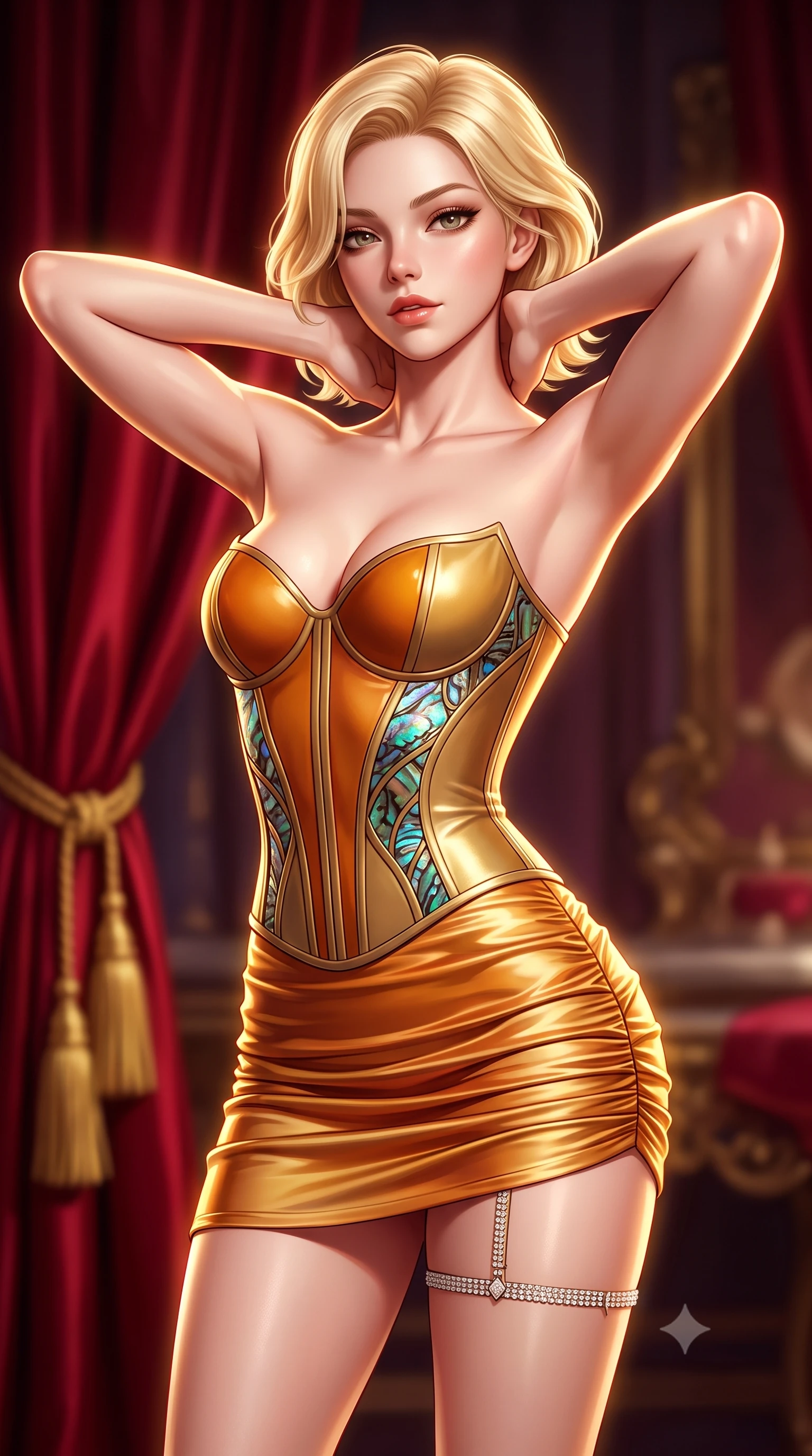 score_9, masterpiece, best quality, ultra-detailed, high-budget anime keyframe, semi-realistic 3D game render, editorial fashion photography, tasteful artistic composition, Caucasian woman. close-up cowboy shot from the waist and thighs up, the character dominates the composition, filling the frame with her large presence. resting both hands lightly behind her neck with elbows raised, arching her spine to highlight her narrow waist, flat midriff, and breathtaking collarbones while twisting her slender torso in an alluring S-curve, iridescent abalone shell inlays mirroring her narrow waist and rounded hips. The background shows a soft-focus heavy crimson silk curtains and golden tassel ties softened in opulent royal boudoir shallow focus. She has an exceptionally elegant, slender, and willowy female figure with an ultra-slim waist, flat toned midriff, narrow ribcage, and sculpted feminine hips creating an alluring, slim hourglass silhouette without bulk. sharp v-shaped jawline, high-bridge nose, sparkling eyes with hypnotic seductive depth, thick curled eyelashes, glossy parted lips with a natural dewy peach sheen, alluring bedroom-eyes with an enchanting coquettish smile, exuding magnetic siren charisma and sophisticated glamour, flawlessly proportioned anatomical accuracy, strict slender model proportions, natural body alignment, perfectly sculpted long slender limbs, ultra-slim waistline, clean dynamic posture without body distortion. wearing a structured boned leatherette corset top paired with an ultra-short ruched neon mini skirt in warm amber honey and antique gold leaf, crafted from fluid liquid silk satin that clings smoothly to every curve with a dewy sheen, accented with a delicate crystal-encrusted thigh garter strap glinting under the lights, the high-slit wrap tailoring accentuating her ultra-slim waistline and the enchanting curve of her feminine hips with alluring seductive charm. illuminated by lacquer specular highlights and sharp warm-gold rim lights defining her razor-sharp jawline, narrow waist, and curvy hips. highly saturated vibrant anime colors, detailed shading with soft gradients, rich glossy textures, high-contrast stereoscopic depth, volumetric dynamic lighting, master piece, 9:16 ratio