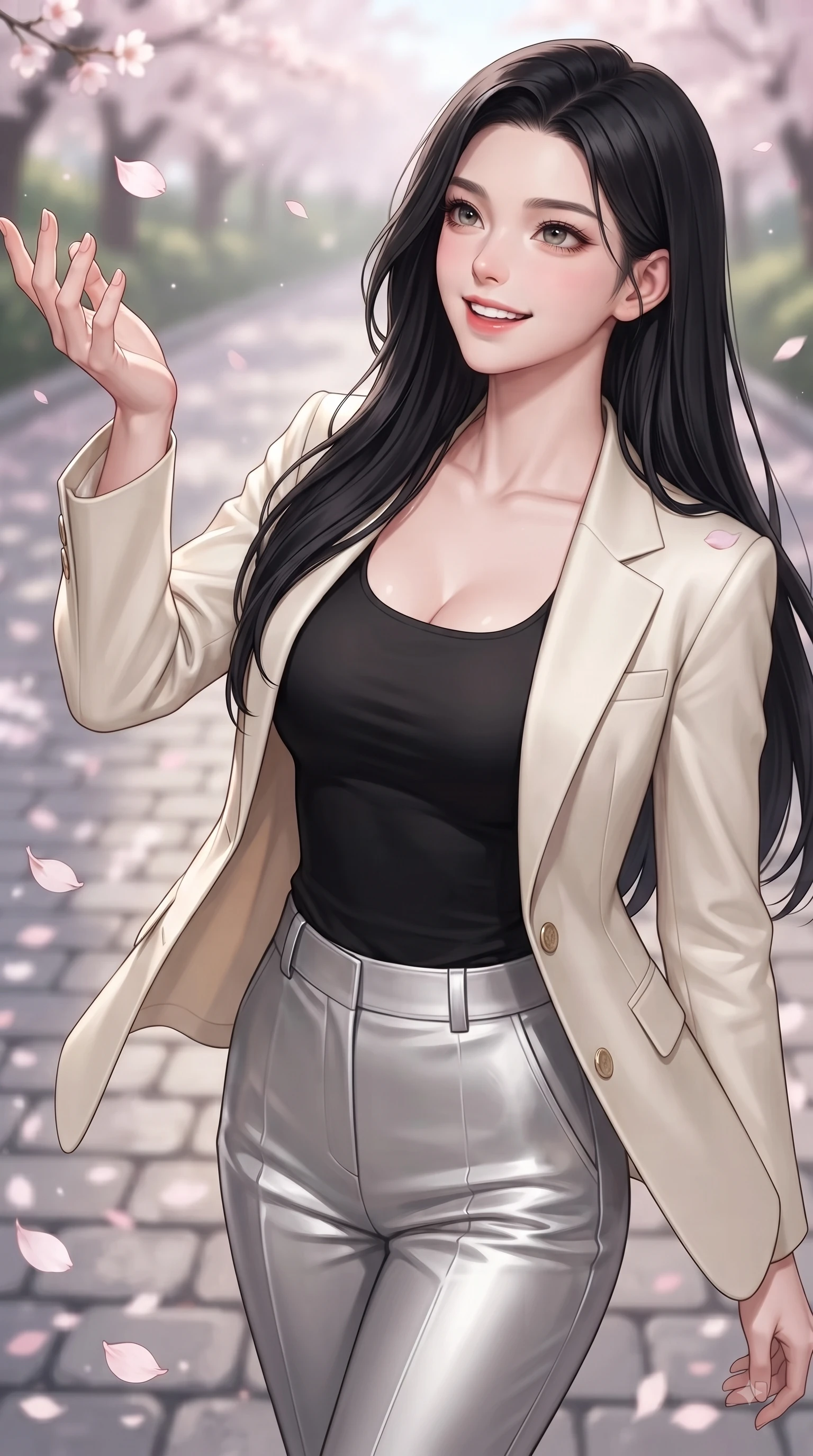 score_9, masterpiece, best quality, ultra-detailed, high-budget anime keyframe, editorial fashion photography, tasteful artistic composition, Korean woman. close-up cowboy shot from the waist and thighs up, the character dominates the composition, filling the frame with her large presence, background elements kept in soft focus. Youthful bright smile exuding pure cute charm and fresh energy, her torso turning dynamically into the lens while reaching her hand up playfully to catch a floating cherry blossom petal in mid-air, floating sakura petals scattering across the cobblestone path and her shoulder. She has an exceptionally elegant, slender, and willowy female figure with an ultra-slim waist, a gracefully sculpted slender torso, and a refined silhouette. sharp v-shaped jawline, high-bridge nose, intricate jewel-like eyes with depth, thick eyelashes, glossy lips with a natural sheen, flawlessly proportioned anatomical accuracy, natural body alignment, perfectly sculpted elegant limbs, clean dynamic posture without body distortion. wearing a tailored cream silk blazer over a form-contouring scoop-neck top and slacks in matte black and polished silver, tailored from high-gloss patent leather, detailed with polished silver buckles along the waistline, the elegant draped fit framing her graceful clavicle and slender torso. surrounded by a fresh, sweet, and nostalgic spring school atmosphere. ultra-reflective glossy finish, specular highlights, metallic sheen, high-contrast stereoscopic depth, volumetric dynamic lighting, 2k, ultra detail, master piece, 9:16 ratio