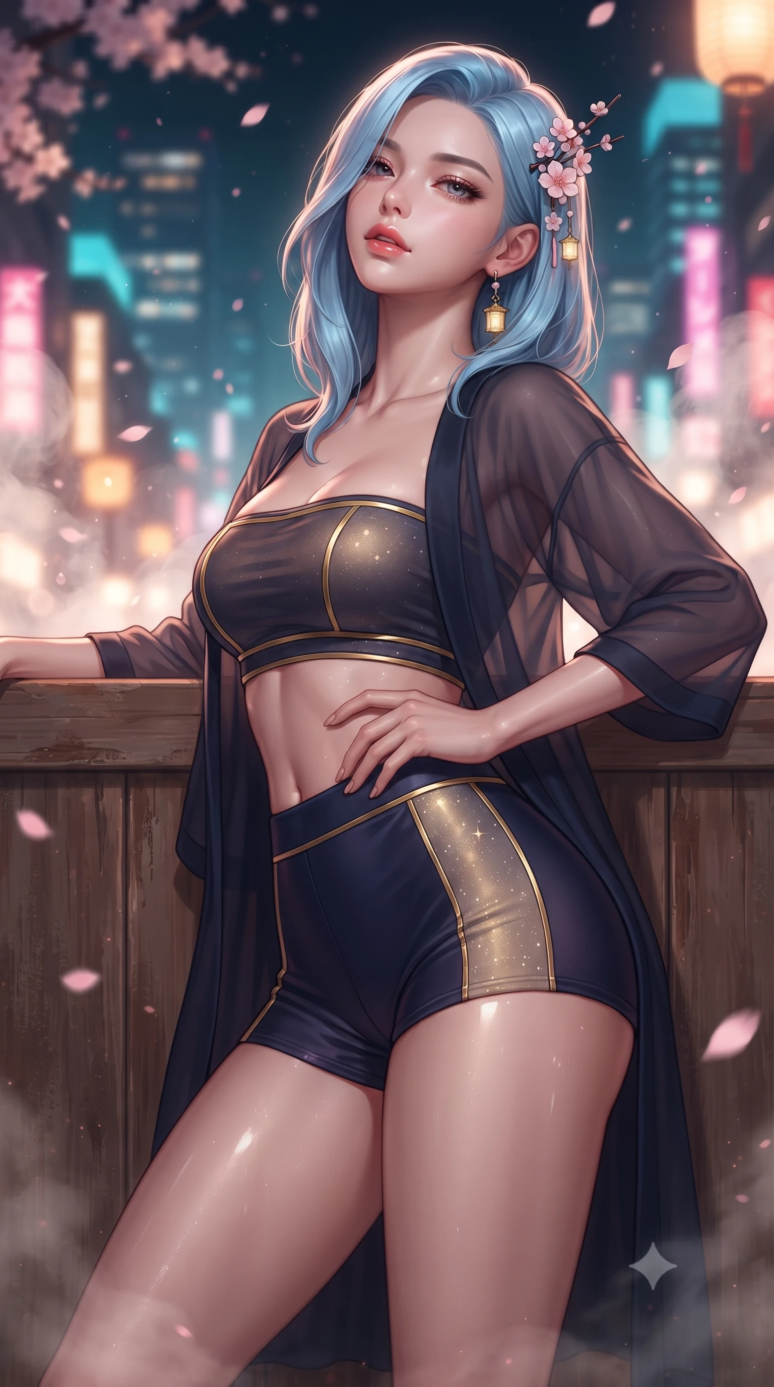 score_9, masterpiece, best quality, ultra-detailed, high-budget anime keyframe, editorial fashion photography, tasteful artistic composition, Korean woman. close-up cowboy shot from the waist and thighs up, the character dominates the composition, filling the frame with her large presence. tilting her chin up with proud, sovereign allure while gazing through thick eyelashes, one hand resting on her waist in pure supermodel charisma while leaning back against a cedar bath partition overlooking glowing Tokyo skyscrapers, parted glossy lips reflecting pink neon lights. The composition keeps background elements in soft focus with creamy bokeh. swirling thermal steam clouds and falling sakura petals blurred into soft blossom-pink, warm amber, and deep cyan bokeh. She has an exceptionally elegant, slender, and willowy female figure with an ultra-slim waist, a gracefully sculpted slender torso, toned flat midriff, and rounded feminine hips creating an alluring hourglass silhouette. sharp v-shaped jawline, high-bridge nose, intricate jewel-like eyes with depth, thick eyelashes, glossy parted lips with a natural sheen, intensely captivating and seductive bedroom-eyes expression, flawlessly proportioned anatomical accuracy, strict slender model proportions, natural body alignment, perfectly sculpted long slender limbs, ultra-slim waistline, clean dynamic posture without body distortion. wearing a sheer chiffon onsen coverup worn over a form-contouring gold-piped bandeau and micro-shorts in midnight indigo and glowing starlight gold, tailored from smooth liquid silk satin adhering seamlessly to her wet skin, accented with delicate cherry blossom hairpins and glowing paper lantern charms, the glove-like aerodynamic silhouette tightly following the natural contour of her hips and long slender legs with statuesque precision. surrounded by an intimate, tranquil, and deeply sensual Japanese skylounge muse aura. ultra-reflective glossy finish, specular highlights, rich textural contrasts, high-contrast stereoscopic depth, volumetric dynamic lighting, 2k, ultra detail, master piece, 9:16 ratio