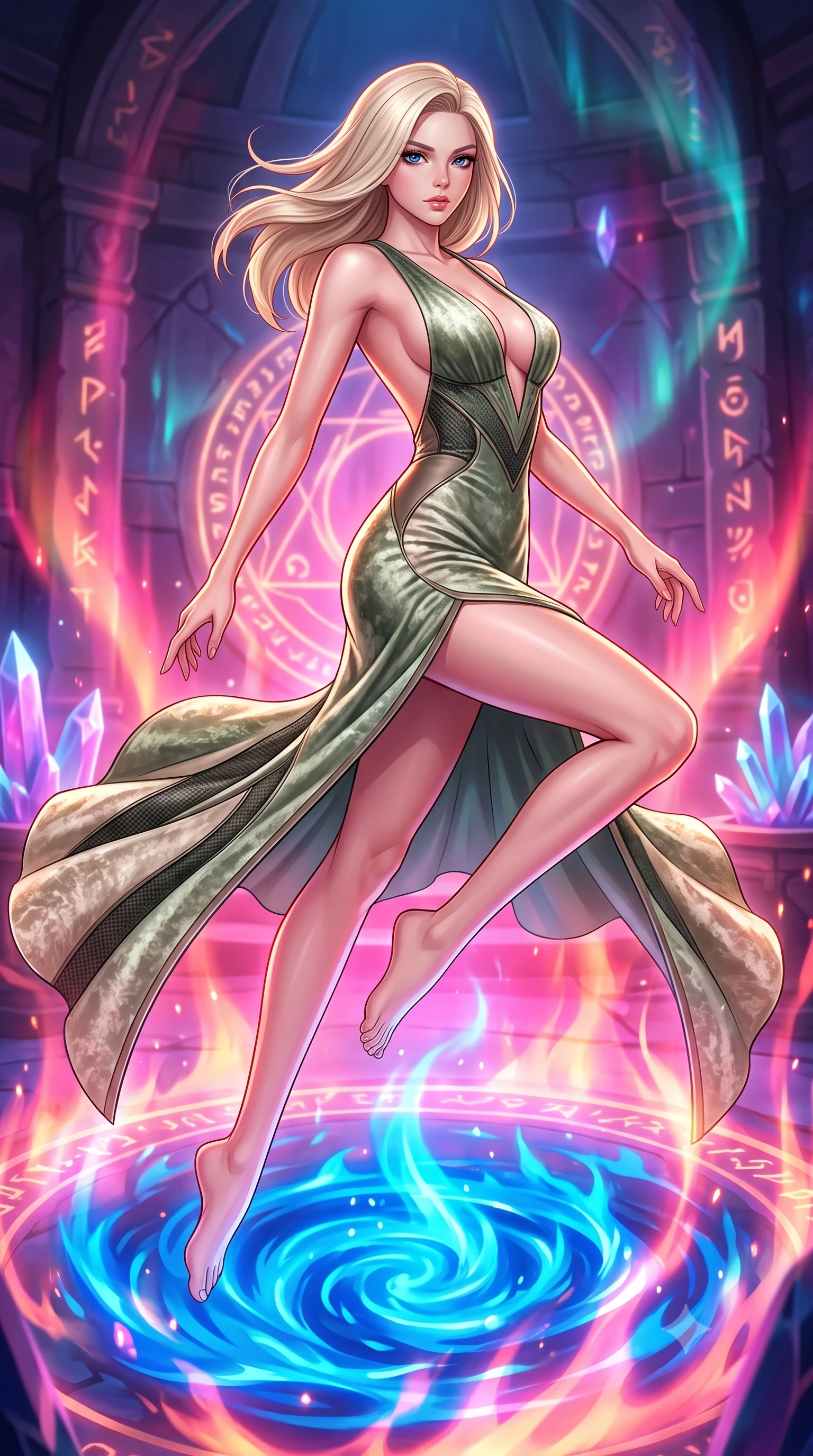 score_9, masterpiece, best quality, ultra-detailed, high-budget anime keyframe, editorial fashion photography, tasteful artistic composition, Caucasian woman. low angle full-body shot from head to toe showing her feet, filling the entire 9:16 vertical frame with her statuesque presence, stretching her vertical silhouette. leaping gracefully through mid-air with statuesque elegance, her impossibly long slender legs stretched in perfect balance while floating gracefully above a sapphire alchemy flame with her torso tilted dynamically, boiling liquid aurora energy radiating intense hot pink and orange light from below. She has an absolutely perfect, statuesque 8.5-heads proportion, an exceptionally tall and slender model-like female figure with impossibly long slender legs and an ultra-slim waist. sharp v-shaped jawline, high-bridge nose, intricate jewel-like eyes with depth, thick eyelashes, glossy lips with a natural sheen, flawlessly proportioned anatomical accuracy, natural body alignment, perfectly sculpted elegant limbs, clean dynamic posture without body distortion. wearing a backless crushed velvet gown with a deep V-neckline and high thigh slit in sage green and oatmeal, made of fine carbon-fiber weave and soft matte leather, finished with a sleek side slit ascending to mid-thigh, the form-contouring material highlighting her ultra-slim waist and long lines. bathed in hot pink and orange furnace underlighting with sharp bronze speculars. highly saturated vibrant anime colors, detailed shading with soft gradients, rich glossy textures, high-contrast stereoscopic depth, volumetric dynamic lighting, master piece, 9:16 ratio